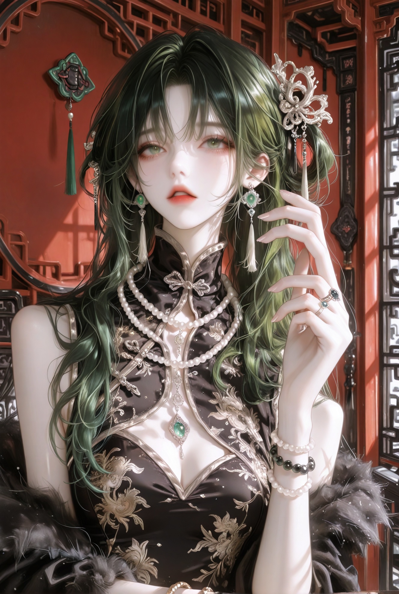 1girl, solo, long hair, looking at viewer, bangs, hair ornament, dress, bare shoulders, jewelry, green eyes, upper body, earrings, parted lips, green hair, sleeveless, indoors, necklace, black dress, bracelet, parted bangs, fur trim, chinese clothes, ring, gem, china dress, beads, pearl necklace, pearl \(gemstone\)