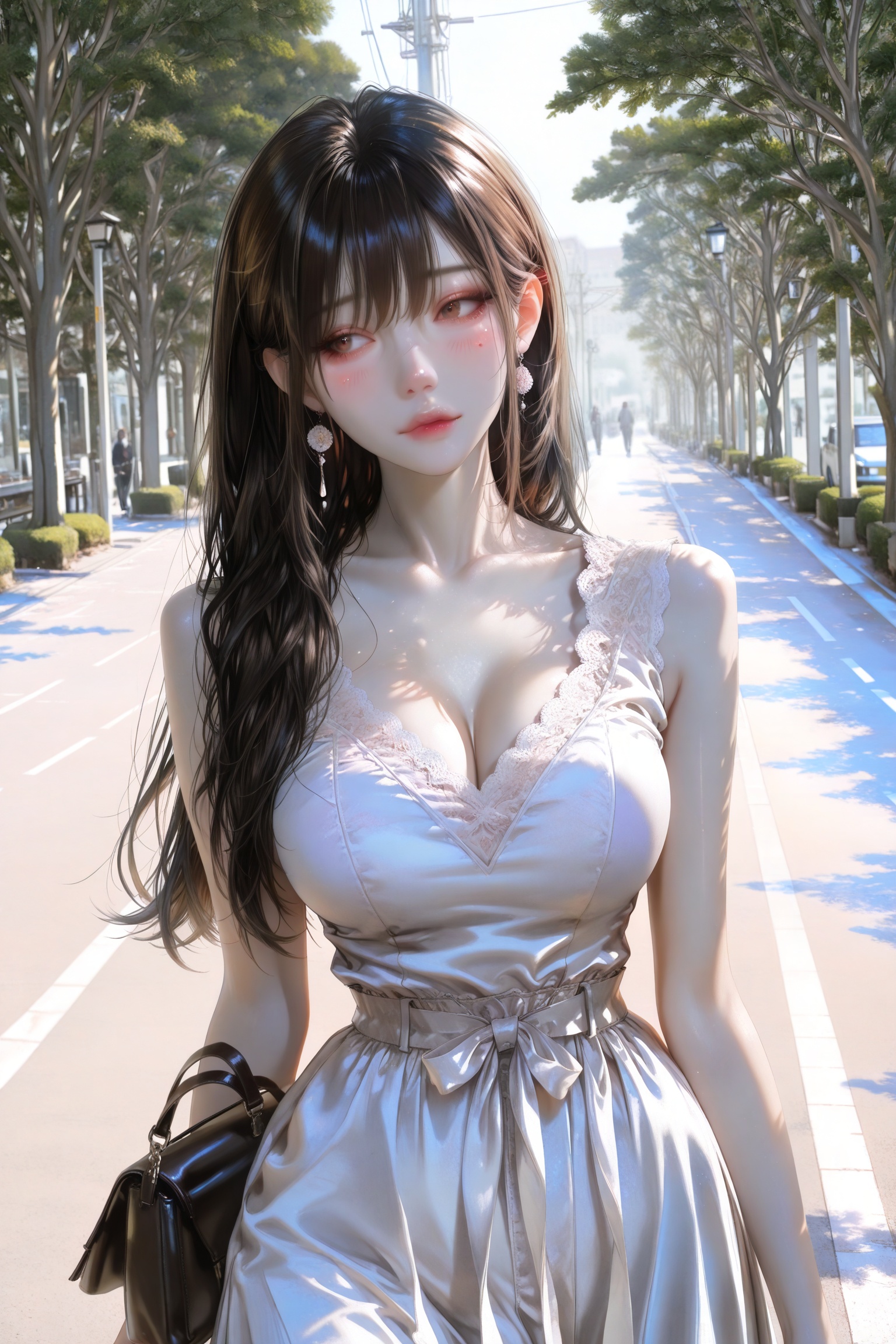 girl,  (white sleeveless dress,  with lace trim and a ribbon waist). (jet-black hair by 枫林 on Tensor.Art