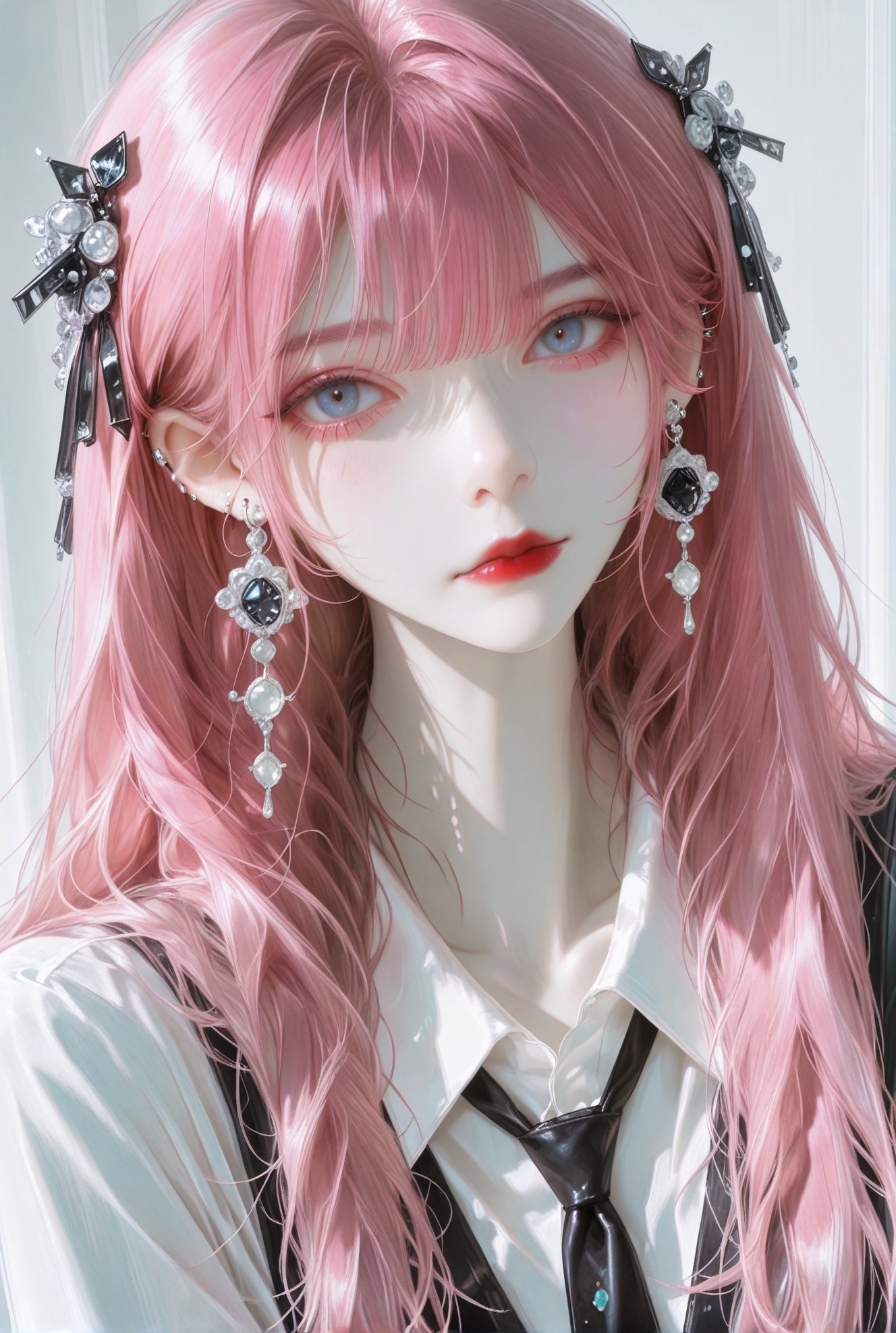 1girl, solo, long hair, looking at viewer, bangs, blue eyes, shirt, hair ornament, jewelry, closed mouth, white shirt, upper body, pink hair, earrings, necktie, collared shirt, black necktie, red lips