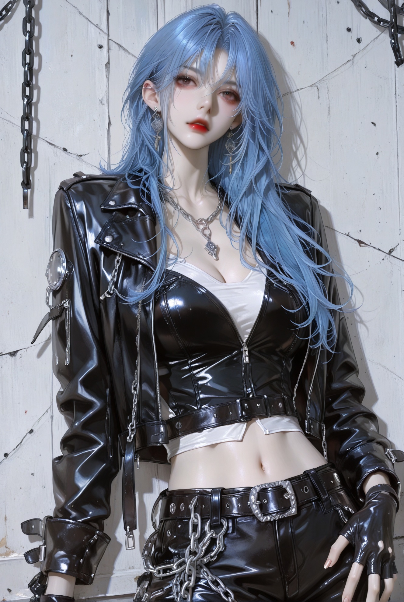 1girl, solo, long hair, breasts, looking at viewer, bangs, gloves, navel, cleavage, jewelry, medium breasts, blue hair, jacket, cowboy shot, earrings, open clothes, black gloves, midriff, belt, pants, fingerless gloves, necklace, open jacket, lips, black jacket, crop top, chain, black pants, black belt, red lips, leather, leather jacket, chain necklace
