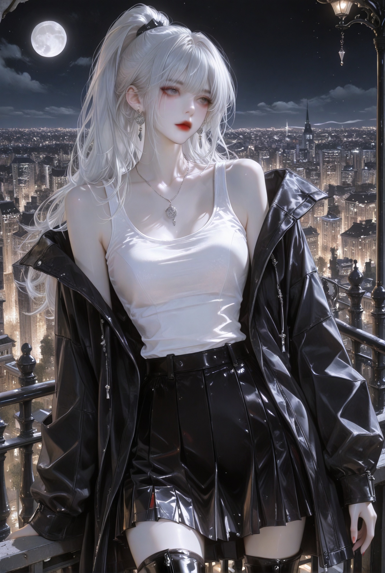 1girl, solo, long hair, breasts, bangs, skirt, thighhighs, bare shoulders, jewelry, collarbone, jacket, ponytail, white hair, cowboy shot, pleated skirt, earrings, outdoors, open clothes, sky, black thighhighs, black skirt, necklace, off shoulder, coat, grey eyes, night, thigh boots, moon, **** top, high ponytail, building, night sky, full moon, red lips, cityscape, white **** top