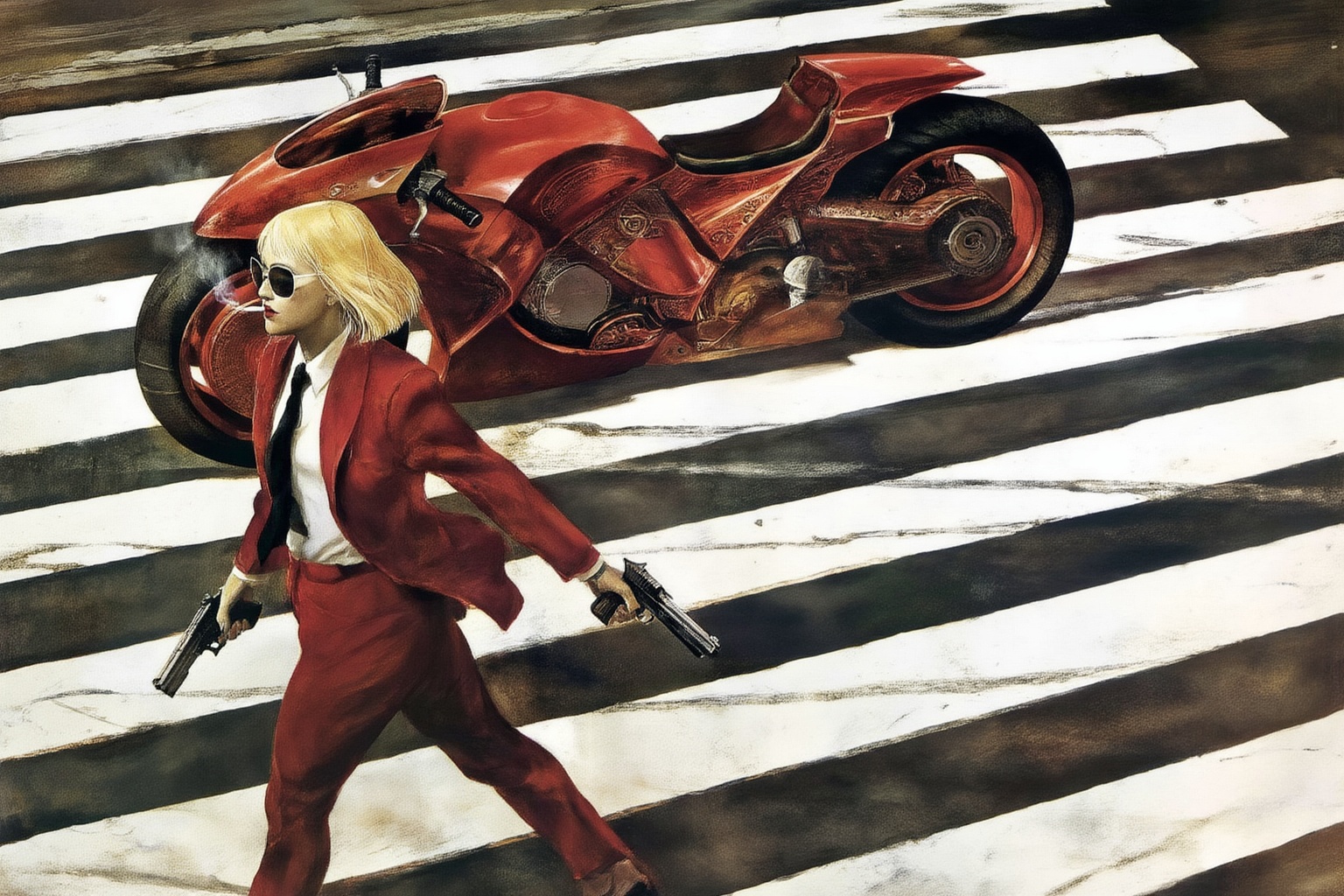 andrewwyeth4z25 painting. 
Overhead shot of an Blonde woman walking away from a futuristic motorcycle parked at a zebra crossing. The woman has bob hair, is smoking. She wear a red business suit, white shirt, black tie, and sunglasses. She holds a gun with a confident grip. The motorcycle itself is red, sleek and metallic, with intricate designs and a futuristic vibe 