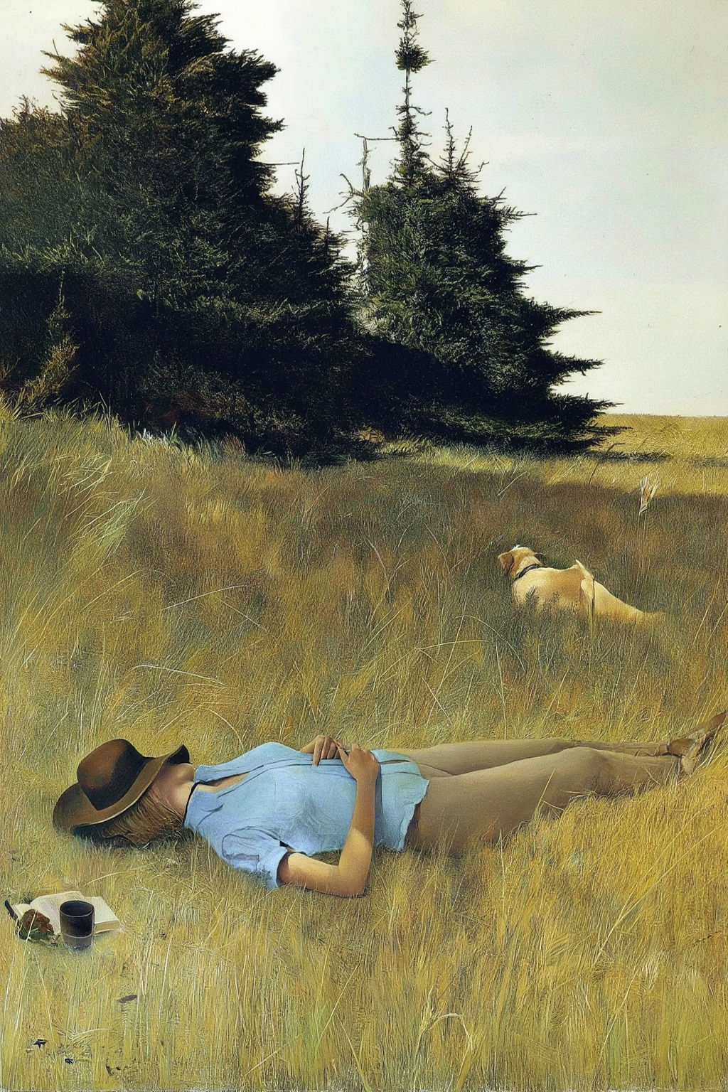 andrewwyeth4z25 painting.  
View from a high angle. In the foreground is a woman lying on her back in a field with tall grass, wearing a light blue shirt and long pants. She has a wide-brimmed hat covering her eyes. Her hands are folded over her stomach. A dog lies in the tall grass further behind on the right. The background features tall, evergreen trees, and the sky is clear. The grass is lush and golden. A book and a cup lie in the bottom left corner.
