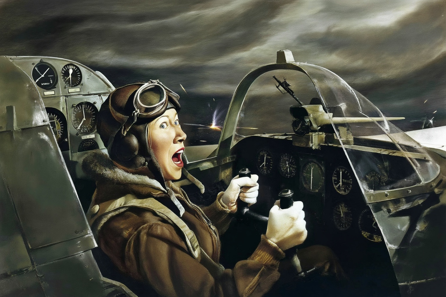 andrewwyeth4z25 painting. 
A female pilot, shown in 3/4 view, screaming inside the cockpit of a World War II bomber. The pilot, wearing a vintage leather flight helmet with goggles and a bomber jacket, grips the controls with white-knuckled hands. Her face is contorted in a mix of fear and determination as she yells, her eyes wide with **********. The cockpit is cramped and filled with old-fashioned dials and gauges, with the outside view showing dark stormy clouds and distant anti-aircraft fire 