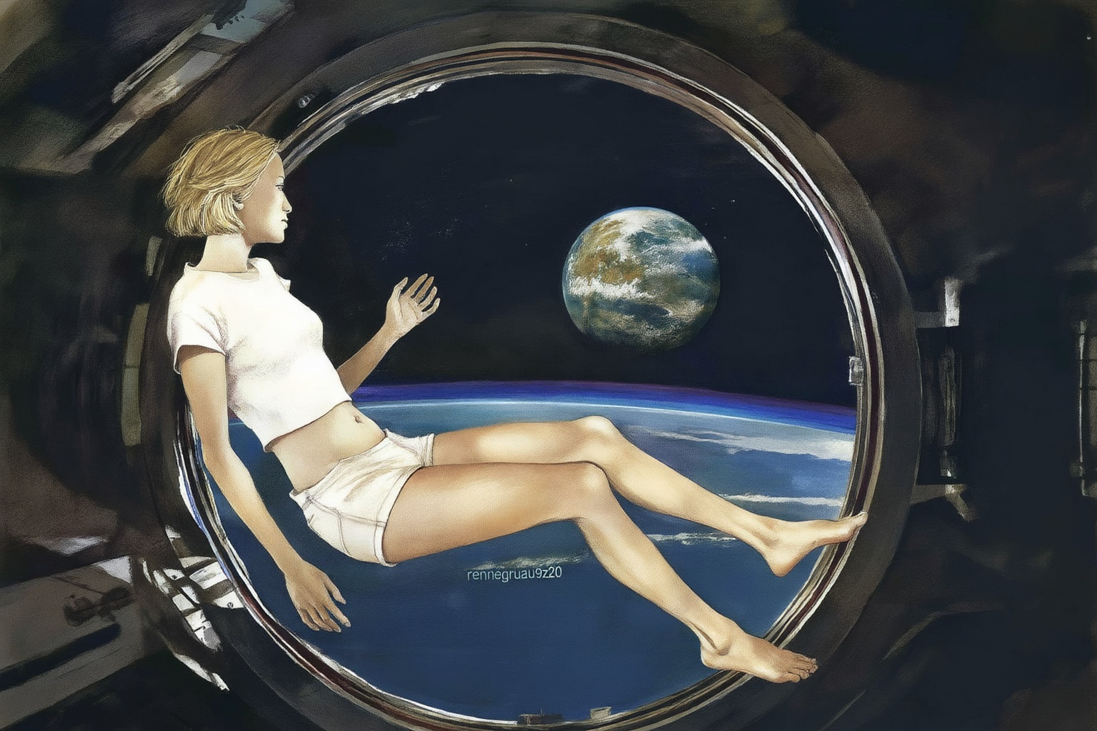 renegruau9z20 fashion illustration.  
Blonde woman floating weightless inside a space station with a large porthole. She is wearing white crop top and short shorts and barefoot, and looking outside towards earth. She is melancholic, and is thinking of her family back on earth. 