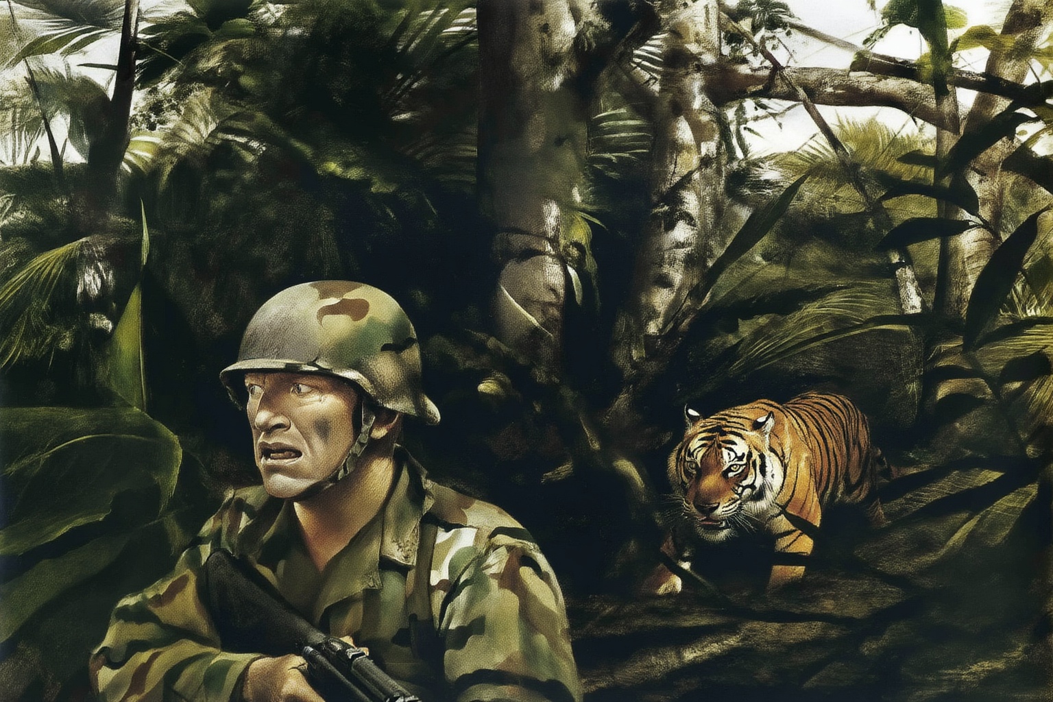 andrewwyeth4z25 painting. 
Create a tense jungle scene set in Vietnam, featuring a dense, lush environment with thick foliage, tall trees, and tropical plants. Close-up face of an American Marine, showing fear in his face, shown in 3/4 view, holding a rifle in a ready position. He is dressed in camouflage fatigues and a helmet, blending into the surroundings. Unbeknownst to him, a distance away, a stealthy tiger is following closely behind, partially obscured by the foliage. The tiger's eyes are fixed on the soldier, adding a sense of impending danger to the scene. The overall atmosphere should be one of suspense, with the jungle's dense greenery and shadows heightening the tension. 