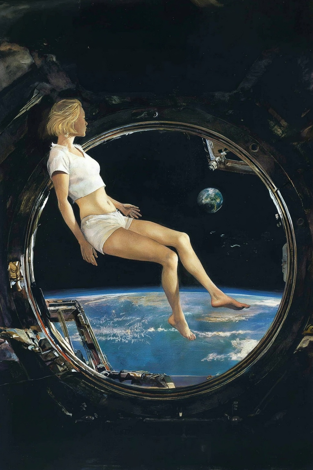 andrewwyeth4z25 painting.  
Blonde woman floating weightless inside a space station with a large porthole. She is wearing white crop top and short shorts and barefoot, and looking outside towards earth. She is melancholic, and is thinking of her family back on earth. 