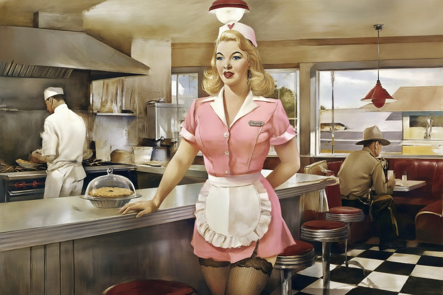 andrewwyeth4z25 painting. 
In a bright retro diner, a voluptuous blonde woman with wavy shoulder-length hair in 1950s vintage style and blue eyes stands behind a stainless steel counter. She wears a short pink waitress uniform with a white collar, a ruffled white apron, and a matching cap, paired with dark lace-topped stockings. She looks at the viewer with her body slightly angled, resting one hand on the counter near a glass-domed pie, and one hand behind her back. She wears a name tag that says "Chastity". On the left, a man in a white chef's uniform prepares food at a stove under a metal hood. In the background to the right, a man in a tan sheriff's uniform and hat sits at a booth. The setting includes a black and white checkered floor, red hanging lamps, and large windows showing a street. This eye-level medium shot captures the woman as the central figure, with the kitchen and dining area clearly visible in the background.