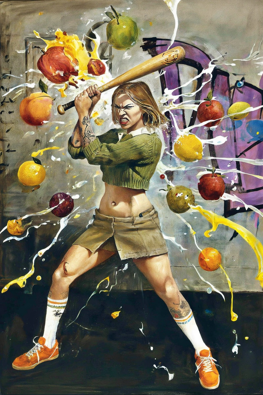 andrewwyeth4z25 painting.  
Liquid splash, cartoonish juicy fruits chaos, dynamic pose, dynamic camera, a fashion shoot, an illustration of a woman threateningly holding a baseball bat in her hands, full body tattoo, wearing green short sweater, miniskirt, knee socks, orange sneakers, aggressive facial expression, wall with graffiti in the background, 