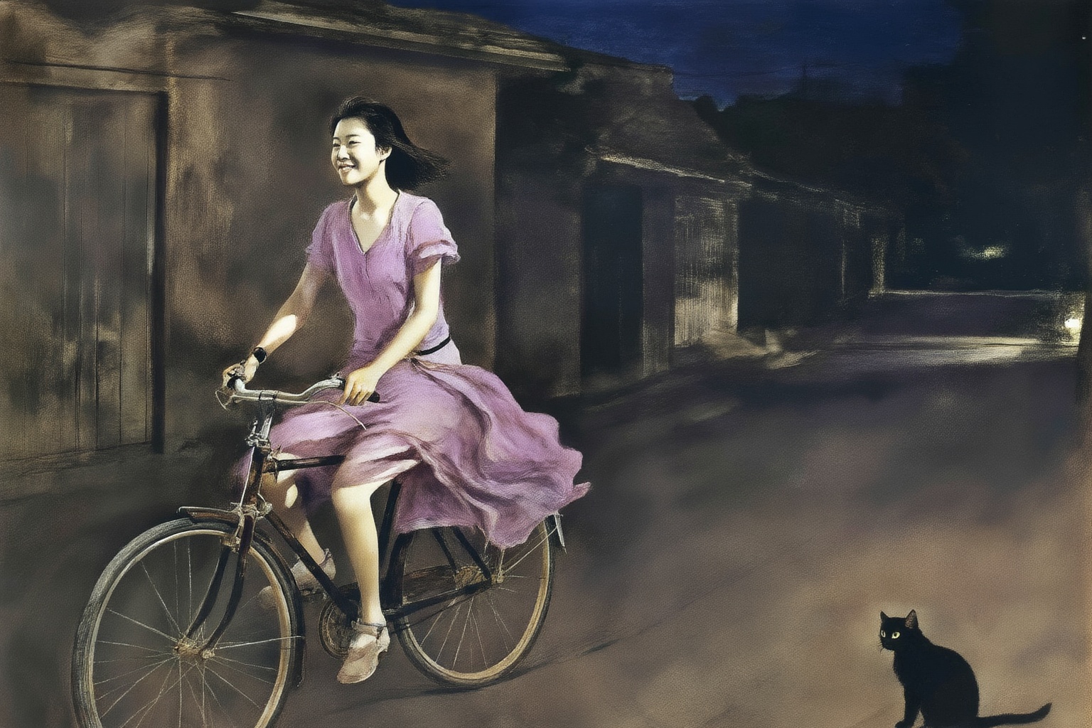 andrewwyeth4z25 painting.  
Young Asian woman riding an old style bicycle through a narrow, quiet street at night. The happy woman wears a simple, flowing purple dress. In the corner, a small black cat with piercing eyes sits watching her quietly. The mood is tranquil and slightly magical