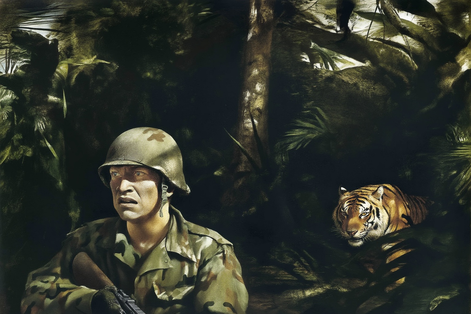 andrewwyeth4z20 painting. 
Create a tense jungle scene set in Vietnam, featuring a dense, lush environment with thick foliage, tall trees, and tropical plants. Close-up face of an American Marine, showing fear in his face, shown in 3/4 view, holding a rifle in a ready position. He is dressed in camouflage fatigues and a helmet, blending into the surroundings. Unbeknownst to him, a distance away, a stealthy tiger is following closely behind, partially obscured by the foliage. The tiger's eyes are fixed on the soldier, adding a sense of impending danger to the scene. The overall atmosphere should be one of suspense, with the jungle's dense greenery and shadows heightening the tension. 