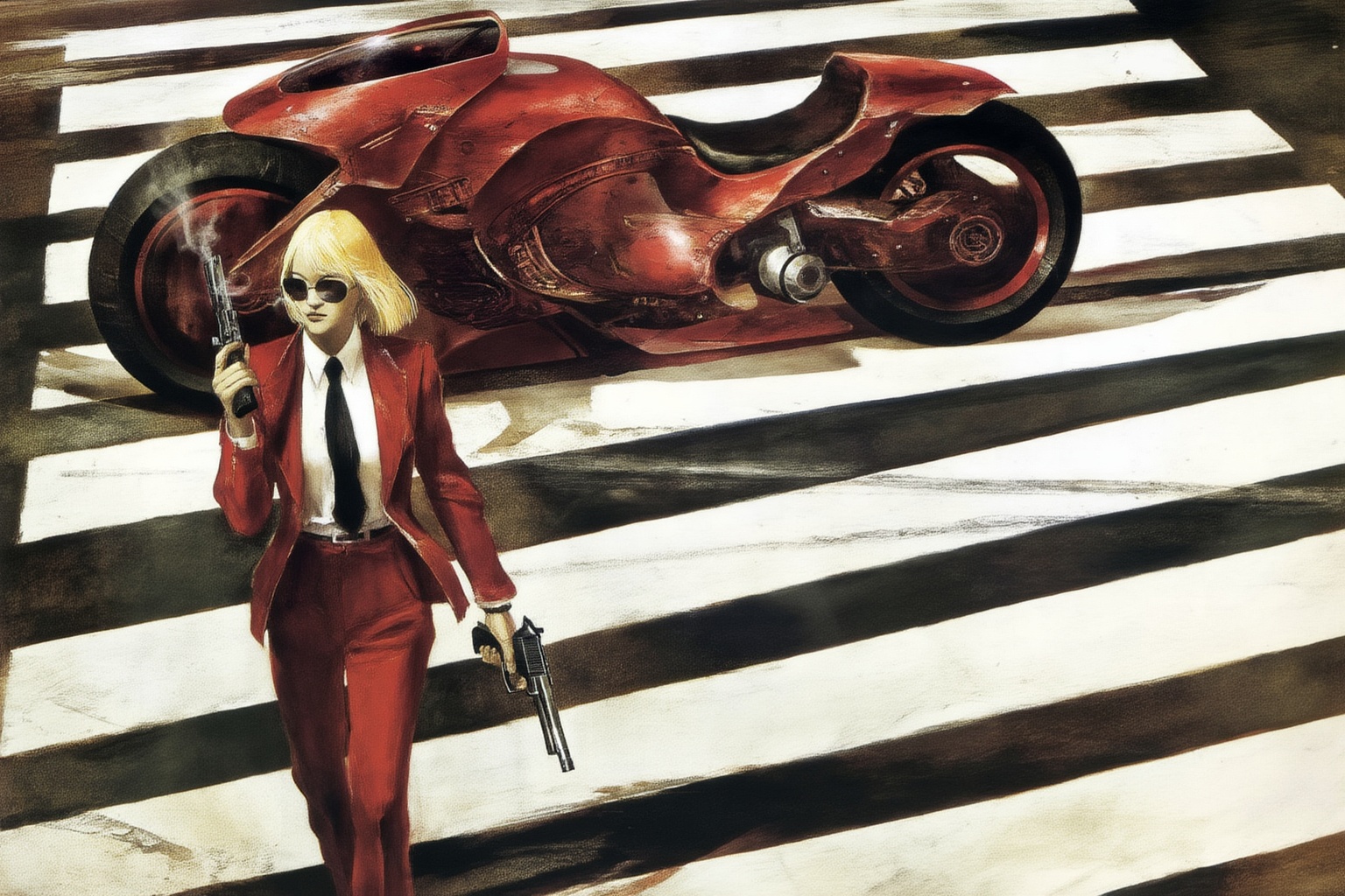 andrewwyeth4z20 painting. 
Overhead shot of an Blonde woman walking away from a futuristic motorcycle parked at a zebra crossing. The woman has bob hair, is smoking. She wear a red business suit, white shirt, black tie, and sunglasses. She holds a gun with a confident grip. The motorcycle itself is red, sleek and metallic, with intricate designs and a futuristic vibe 