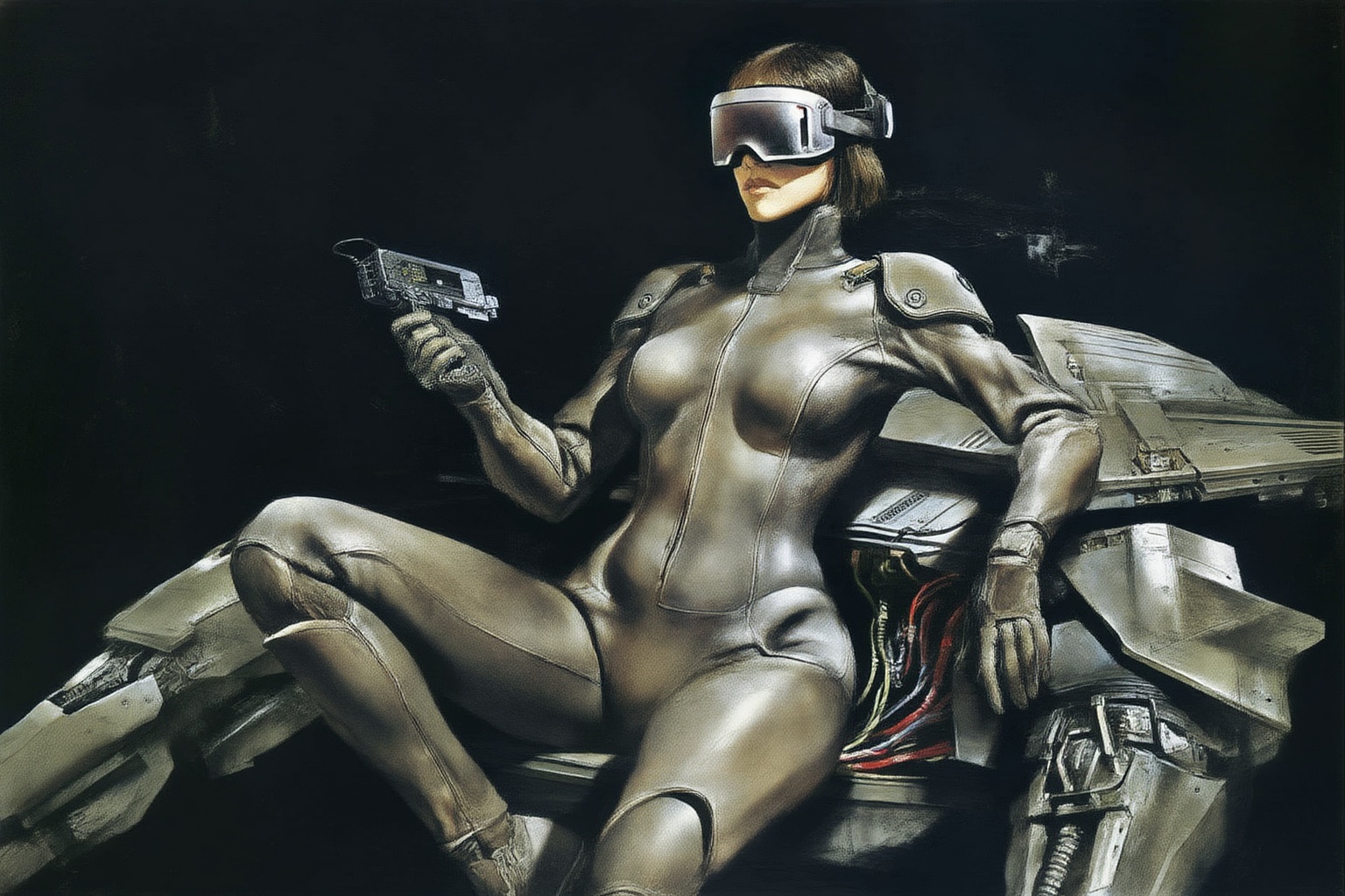 andrewwyeth4z20 painting. 
A striking, futuristic scene depicts a woman dressed in sleek, form-fitting leather attire, sitting confidently atop an open power suit, inspired by the cyberpunk aesthetics of Masamune Shirow. The power suit, a blend of advanced technology and military-grade armor, features intricate mechanical details, exposed wiring, and a robust, yet streamlined design. The woman, wearing a cutting-edge VR headset, exudes a sense of control and mastery over the machine beneath her. Her posture is relaxed yet commanding, with one hand resting on the suit's metallic surface and the other casually holding a piece of advanced tech. 