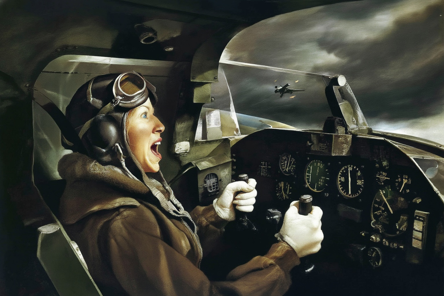 andrewwyeth4z20 painting. 
A female pilot, shown in 3/4 view, screaming inside the cockpit of a World War II bomber. The pilot, wearing a vintage leather flight helmet with goggles and a bomber jacket, grips the controls with white-knuckled hands. Her face is contorted in a mix of fear and determination as she yells, her eyes wide with **********. The cockpit is cramped and filled with old-fashioned dials and gauges, with the outside view showing dark stormy clouds and distant anti-aircraft fire 