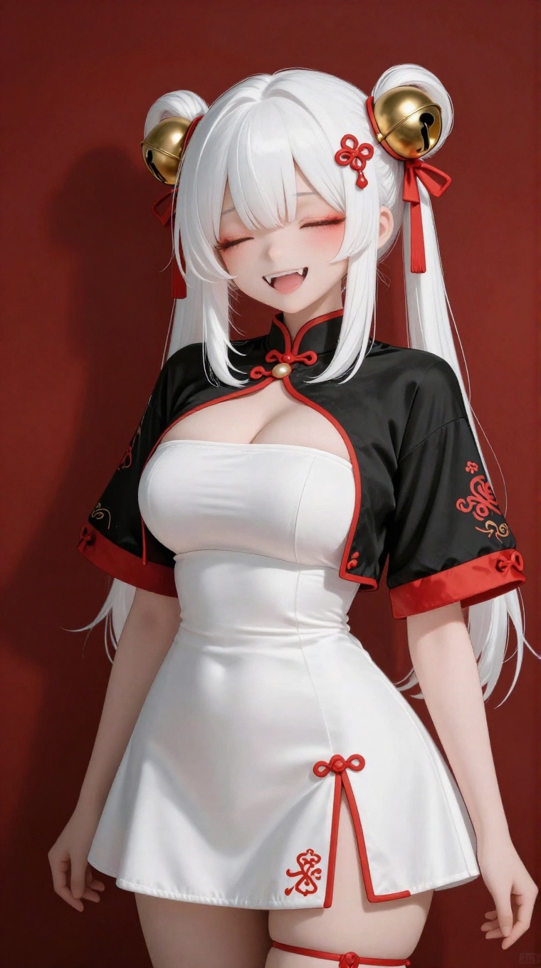 hong,1girl,white hair,bell hair ornament,twintails,cropped jacket,white dress,strapless skirt,short sleeved, black jacket,chinese clothes,:d, ^ ^, closed eyes, facing viewer, fangs, open mouth, smile, solo, upper body