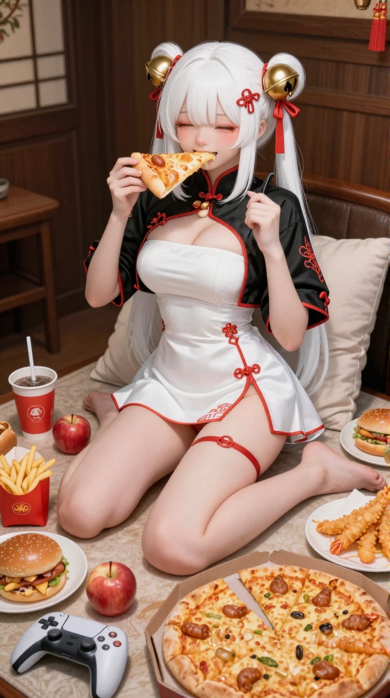 hong,1girl,white hair,bell hair ornament,twintails,cropped jacket,white dress,strapless skirt,short sleeved, black jacket,thigh strap,chinese clothes,apple, barefoot, burger, chopsticks, cup, disposable cup, food, french fries, fruit, hot dog, knife, laughing, mouth hold, pillow, pizza, pizza slice, playing video games, playstation controller, shrimp tempura, skewer