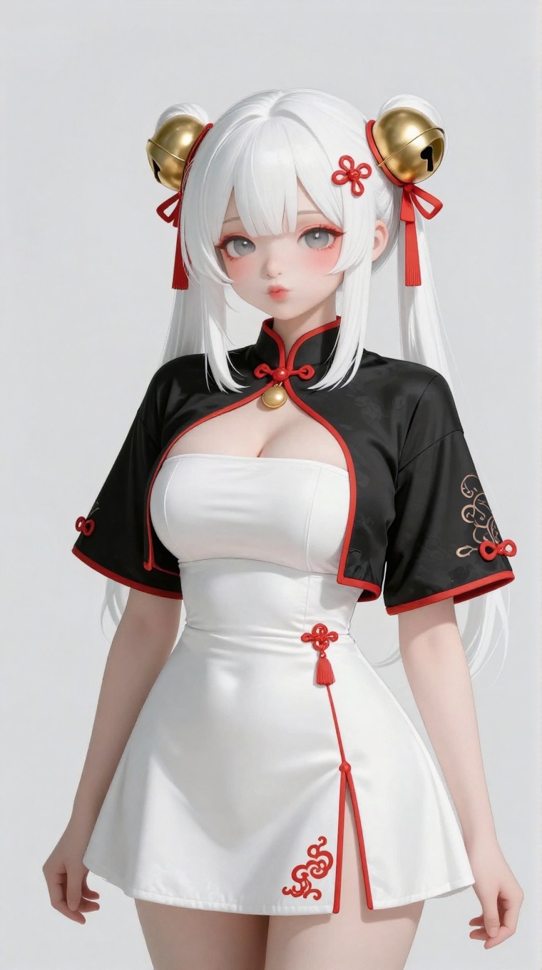hong,1girl,white hair,bell hair ornament,twintails,cropped jacket,white dress,strapless skirt,short sleeved, black jacket,chinese clothes,light blush, pout, solo, v-shaped eyebrows