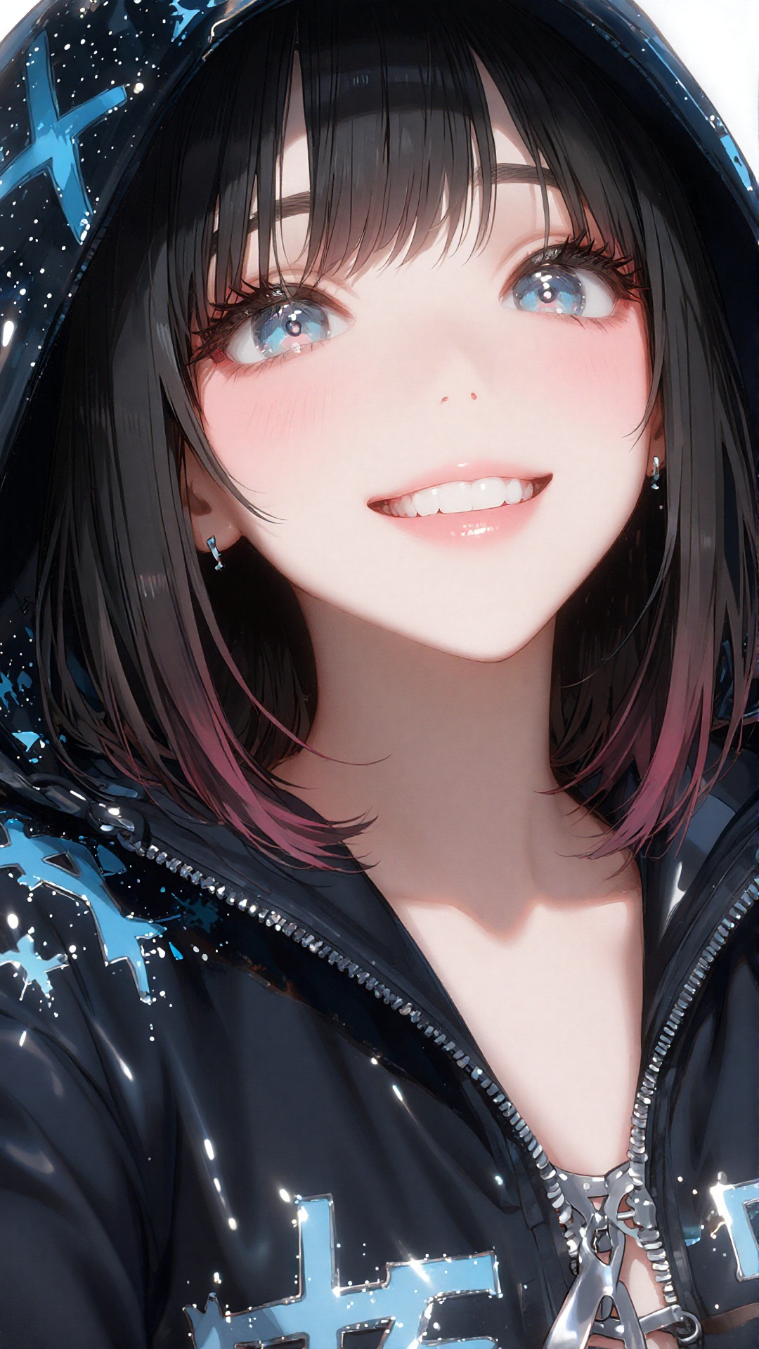 this is a highly detailed digital anime-style illustration of a young woman with a fair complexion and a slight blush on h...