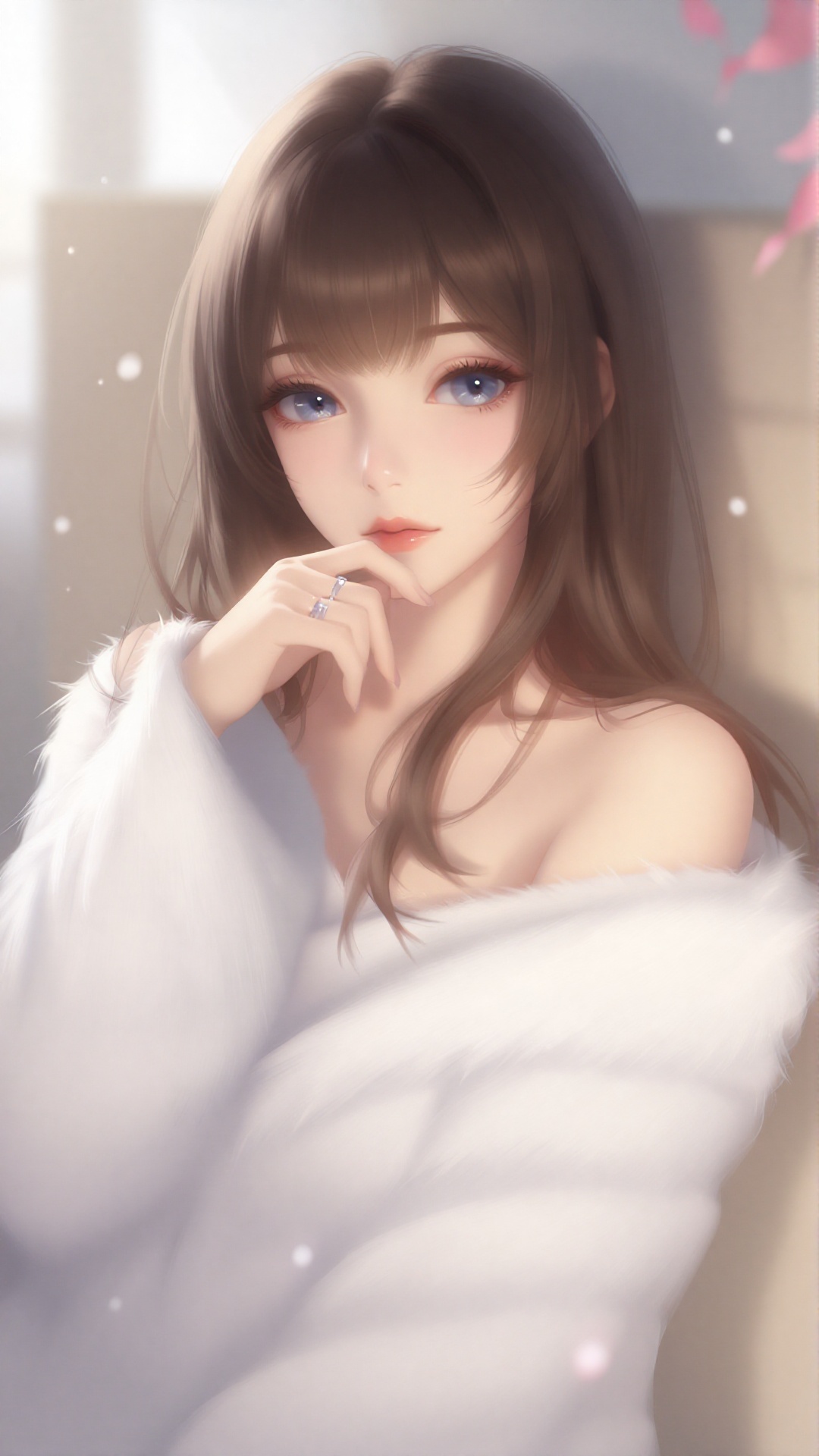 this is a digital anime-style illustration of a young woman with fair skin and long,  straight brown hair that has soft,...