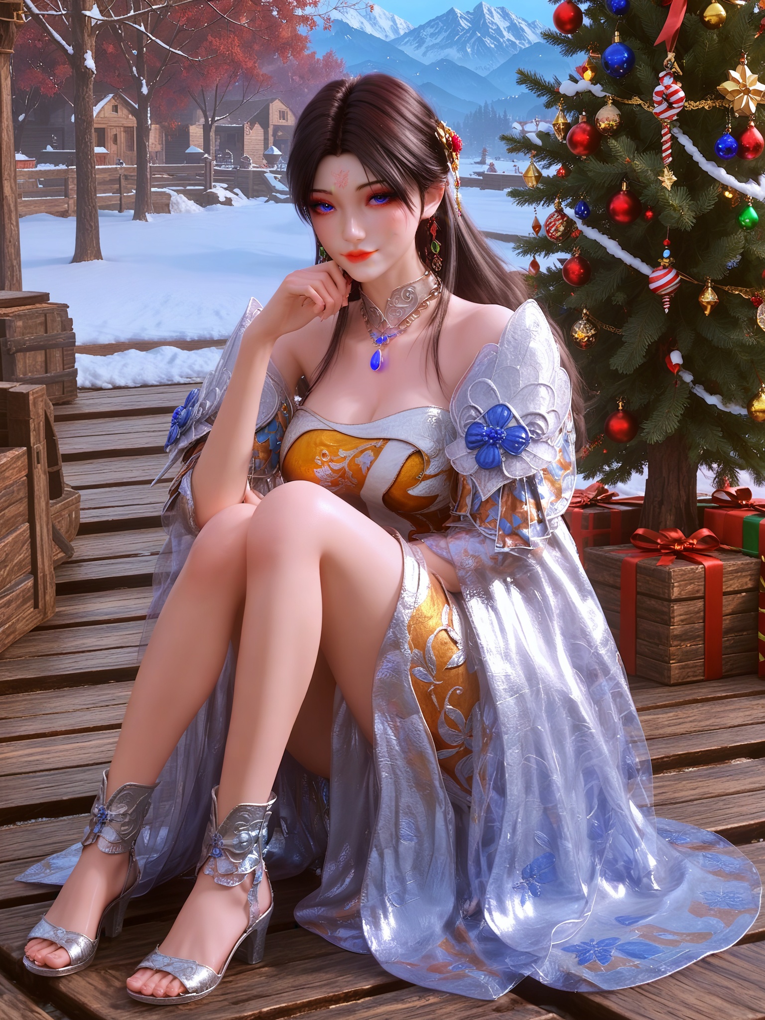 score_9,score_8_up,score_7_up,masterpiece,(best quality),(intricate details:0.9) BREAK (intricate details:0.9),(realistic skin:1.2),masterpiece,best quality,newest,absurdres,hiahres,1girl,jewelry,hair ornament,dress,necklace,lips,eyeshadow,bracelet,tassel,(8k ultra-clear, pony style),photo pose 0.6, micro-expression: soft smile 0.3, half-body + medium shot 0.7,1girl,looking_at_viewer,1boy,hair,realistic,photorealistic,Vivid Colors,bright environment,shiny skin,shiny hairjewelry,detail eyes,Eyes highlights,glowing,sunshine,bright,reflection,bright,sunshine on face,shiny,shinny,petite,thin,leg slimming,lose weight,slim hips,lakeside,delicate water,reflection,(full body:1.3)sitting_down,eyelashes,snow,Winter,Snowy landscape,Snow accumulation,Christmas tree,(huge breasts:1),