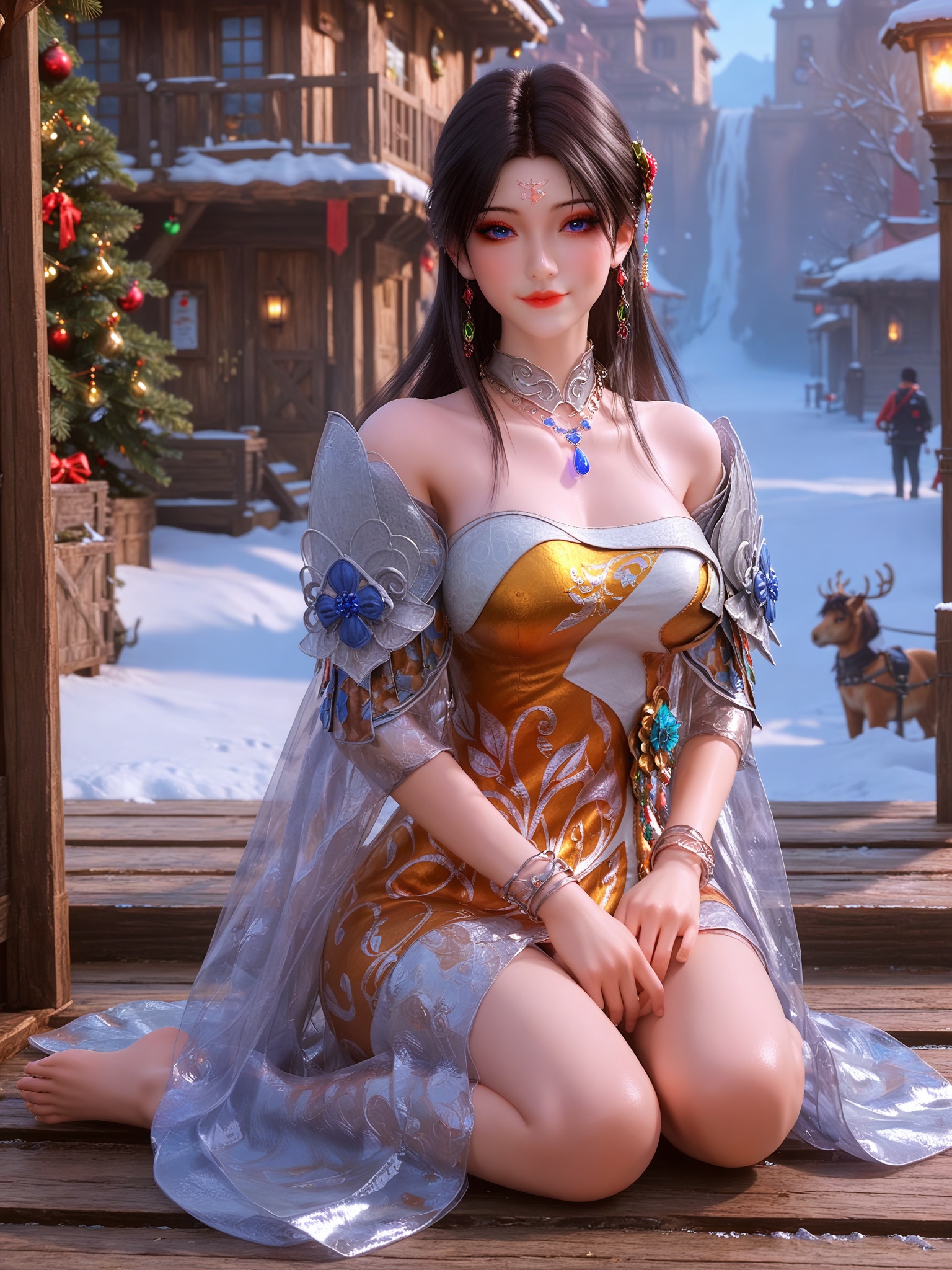 score_9,score_8_up,score_7_up,masterpiece,(best quality),(intricate details:0.9) BREAK (intricate details:0.9),(realistic skin:1.2),masterpiece,best quality,newest,absurdres,hiahres,1girl,jewelry,hair ornament,dress,necklace,lips,eyeshadow,bracelet,tassel,(8k ultra-clear, pony style),photo pose 0.6, micro-expression: soft smile 0.3, half-body + medium shot 0.7,1girl,looking_at_viewer,1boy,hair,realistic,photorealistic,Vivid Colors,bright environment,shiny skin,shiny hairjewelry,detail eyes,Eyes highlights,glowing,sunshine,bright,reflection,bright,sunshine on face,shiny,shinny,petite,thin,leg slimming,lose weight,slim hips,lakeside,delicate water,reflection,(full body:1.3)sitting_down,eyelashes,snow,Winter,Snowy landscape,Snow accumulation,Christmas tree,(huge breasts:1),black-hair,