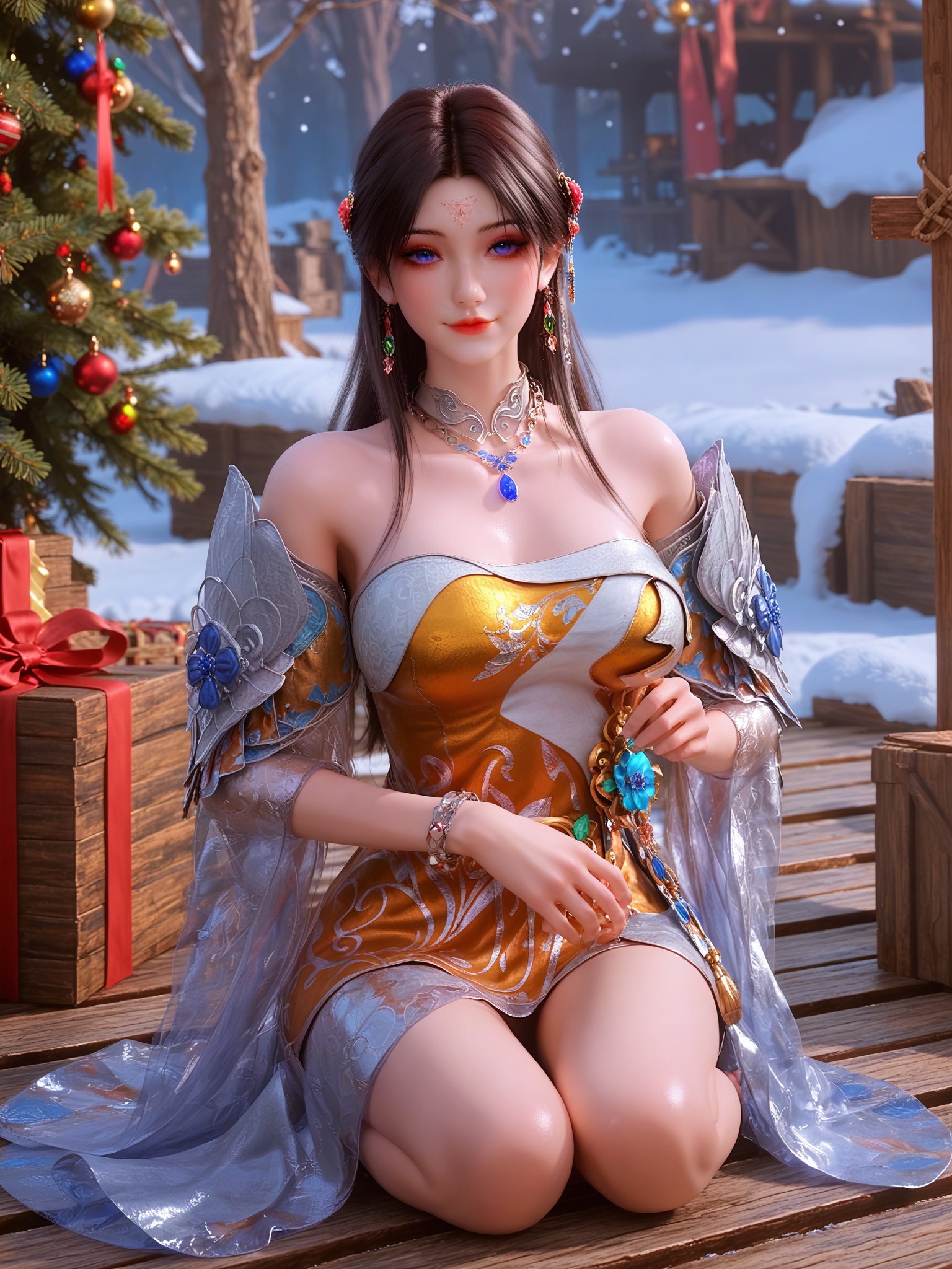 score_9,score_8_up,score_7_up,masterpiece,(best quality),(intricate details:0.9) BREAK (intricate details:0.9),(realistic skin:1.2),masterpiece,best quality,newest,absurdres,hiahres,1girl,jewelry,hair ornament,dress,necklace,lips,eyeshadow,bracelet,tassel,(8k ultra-clear, pony style),photo pose 0.6, micro-expression: soft smile 0.3, half-body + medium shot 0.7,1girl,looking_at_viewer,1boy,hair,realistic,photorealistic,Vivid Colors,bright environment,shiny skin,shiny hairjewelry,detail eyes,Eyes highlights,glowing,sunshine,bright,reflection,bright,sunshine on face,shiny,shinny,petite,thin,leg slimming,lose weight,slim hips,lakeside,delicate water,reflection,(full body:1.3)sitting_down,eyelashes,snow,Winter,Snowy landscape,Snow accumulation,Christmas tree,(huge breasts:1),