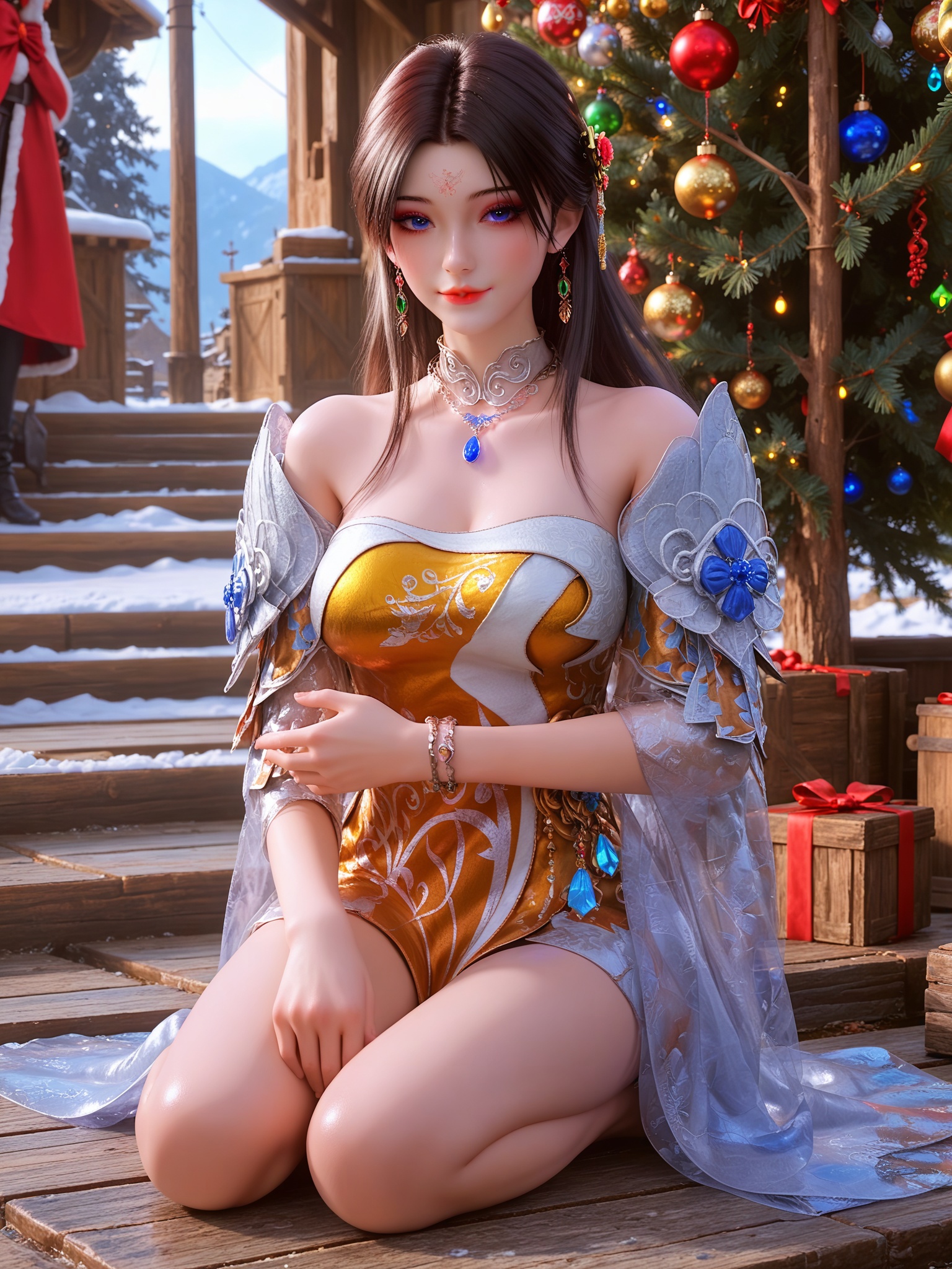 score_9,score_8_up,score_7_up,masterpiece,(best quality),(intricate details:0.9) BREAK (intricate details:0.9),(realistic skin:1.2),masterpiece,best quality,newest,absurdres,hiahres,1girl,jewelry,hair ornament,dress,necklace,lips,eyeshadow,bracelet,tassel,(8k ultra-clear, pony style),photo pose 0.6, micro-expression: soft smile 0.3, half-body + medium shot 0.7,1girl,looking_at_viewer,1boy,hair,realistic,photorealistic,Vivid Colors,bright environment,shiny skin,shiny hairjewelry,detail eyes,Eyes highlights,glowing,sunshine,bright,reflection,bright,sunshine on face,shiny,shinny,petite,thin,leg slimming,lose weight,slim hips,lakeside,delicate water,reflection,(full body:1.3)sitting_down,eyelashes,snow,Winter,Snowy landscape,Snow accumulation,Christmas tree,(huge breasts:1),