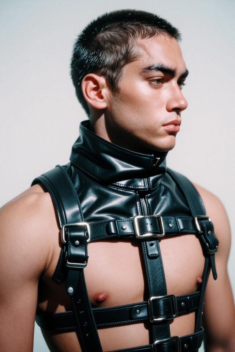 The image shows a person wearing a black,  glossy,  high-collared leather harness that covers their upper body. The harnes...