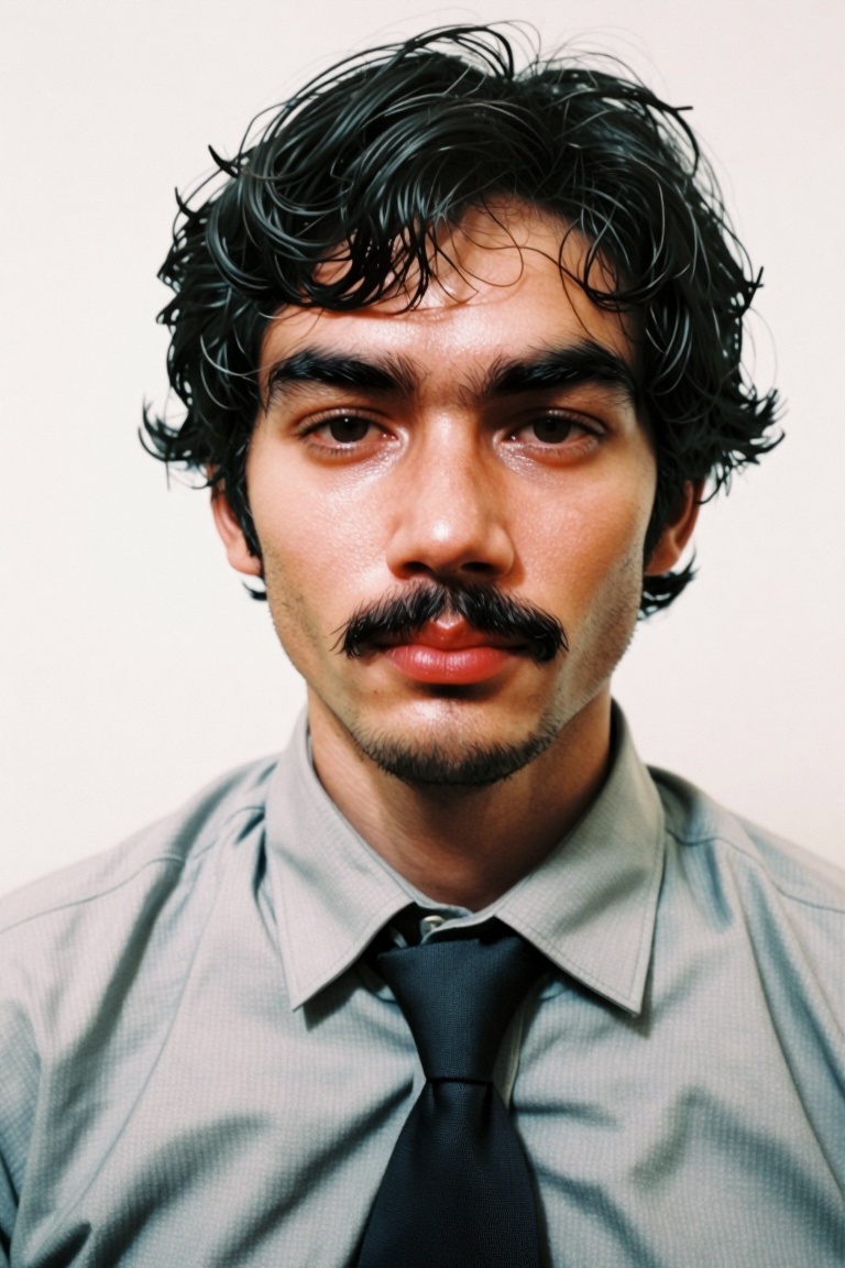 The image shows a person wearing a light gray dress shirt with a dark tie. The person has short,  wavy hair and a neatly t...