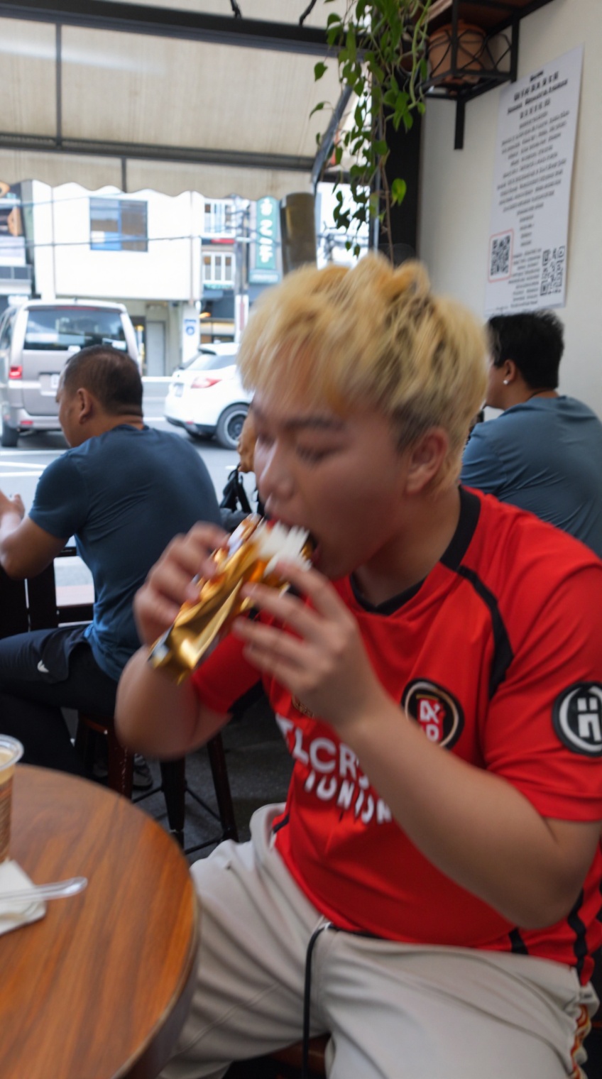 taken_by_ph0ne,  A young blonde Japanese man,  wearing a red soccer jersey and light beige pants on Tensor.Art