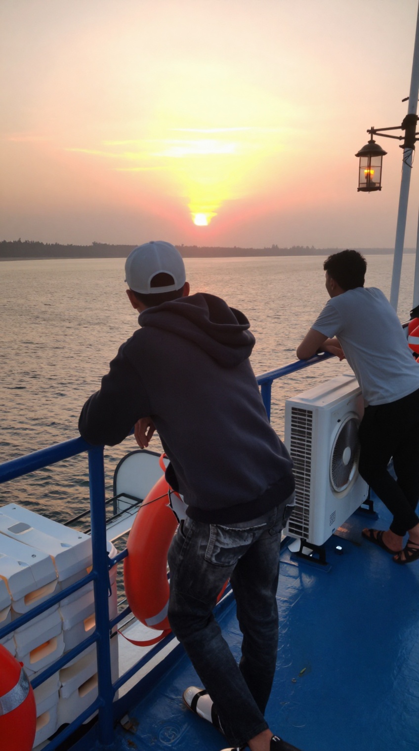 taken_by_ph0ne,  Two men stand on the blue-painted deck of a ferry at sunset,  gazing toward the horizon where the sun dip...