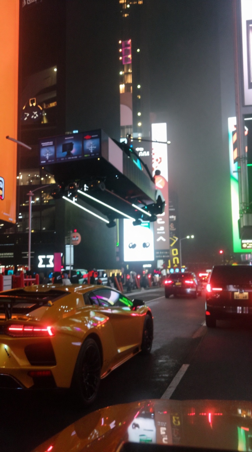 taken_by_ph0ne,  A rain-slicked urban street at night glows with neon signage in orange,  green on Tensor.Art