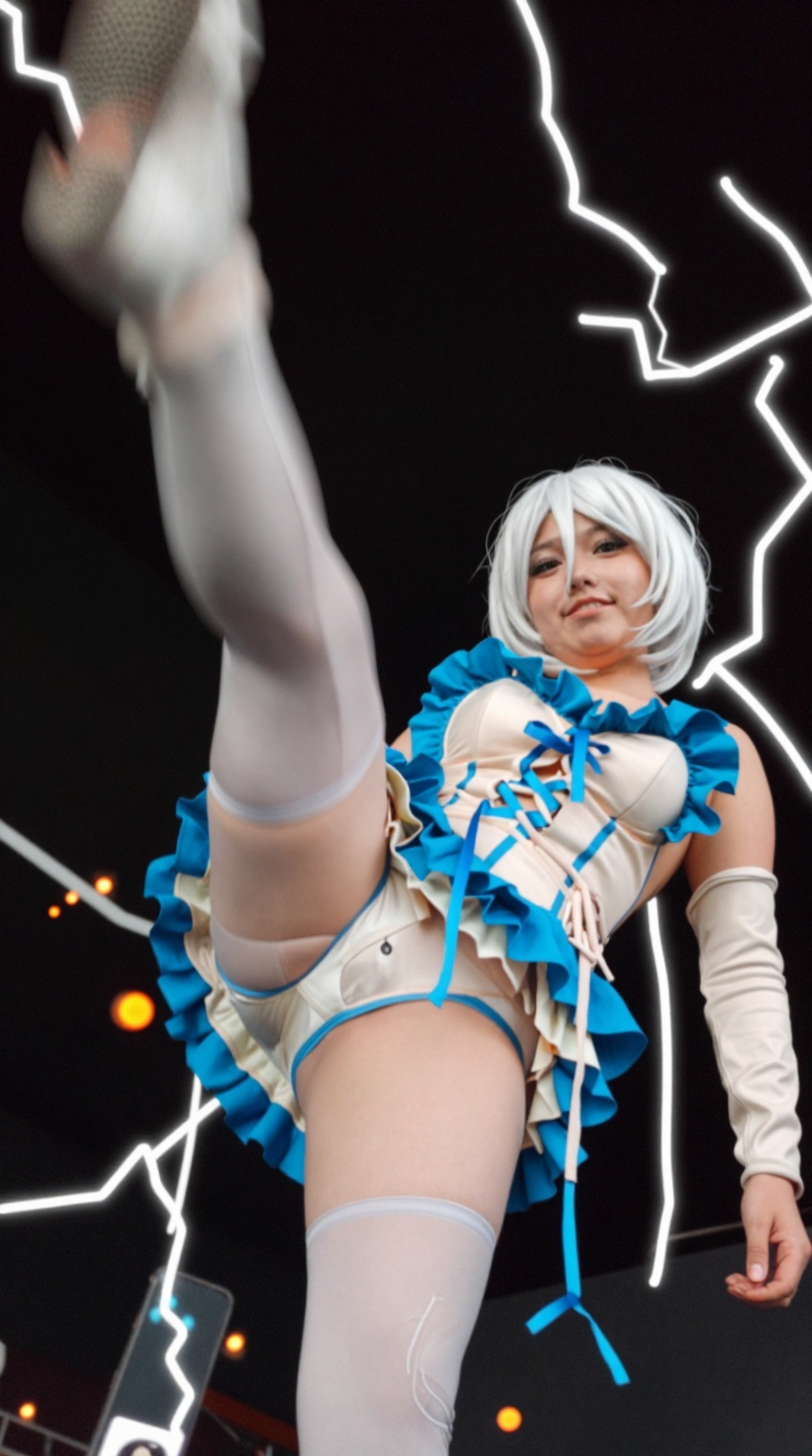 taken_by_ph0ne,  low angle smartphone snapshot,  dynamic action shot. A female cosplayer with short white bob hair perform...