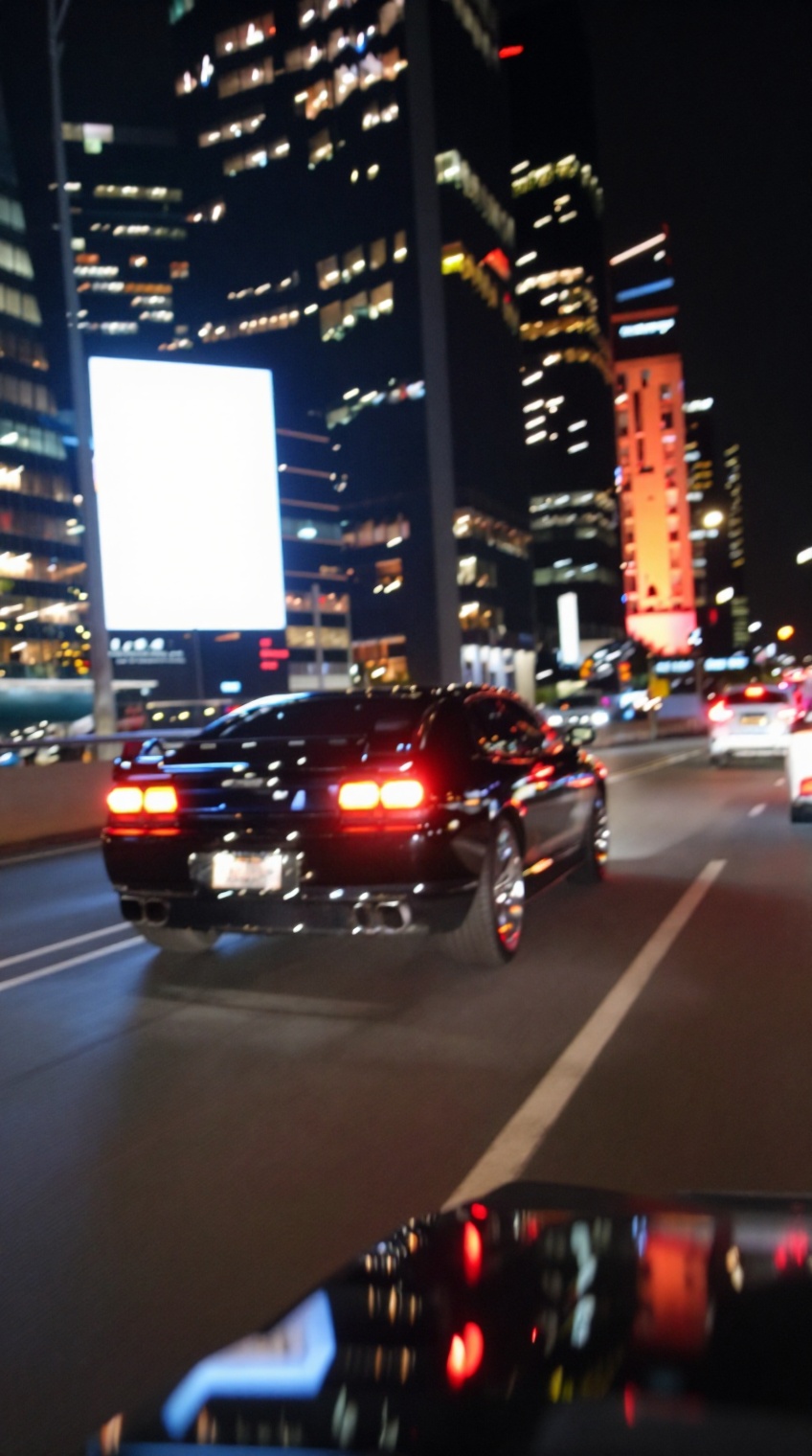 taken_by_ph0ne,  A sleek black sports car with distinctive horizontal rear grilles and bright rectangular taillights speed...