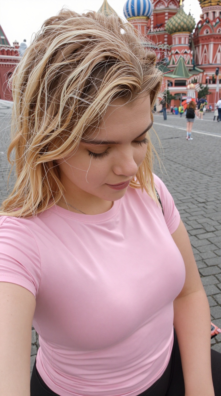 taken_by_ph0ne,  a beautiful blonde russian woman with curvy body in a pink t-shirt sitting outdoors and looking down at m...