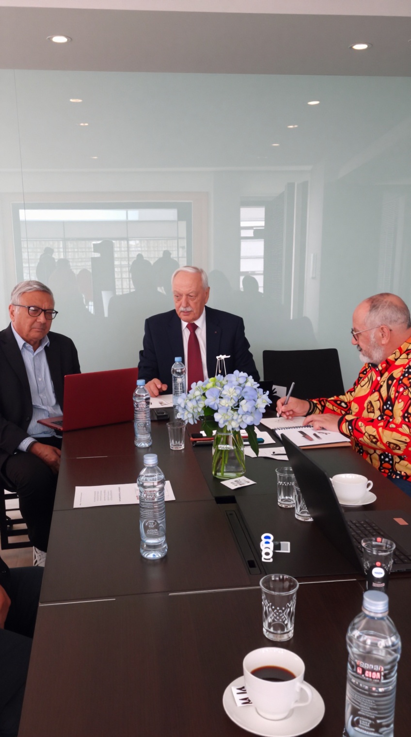 taken_by_ph0ne,  Three European elderly men sit at a long dark wooden table in a modern conference room with a pale glass...