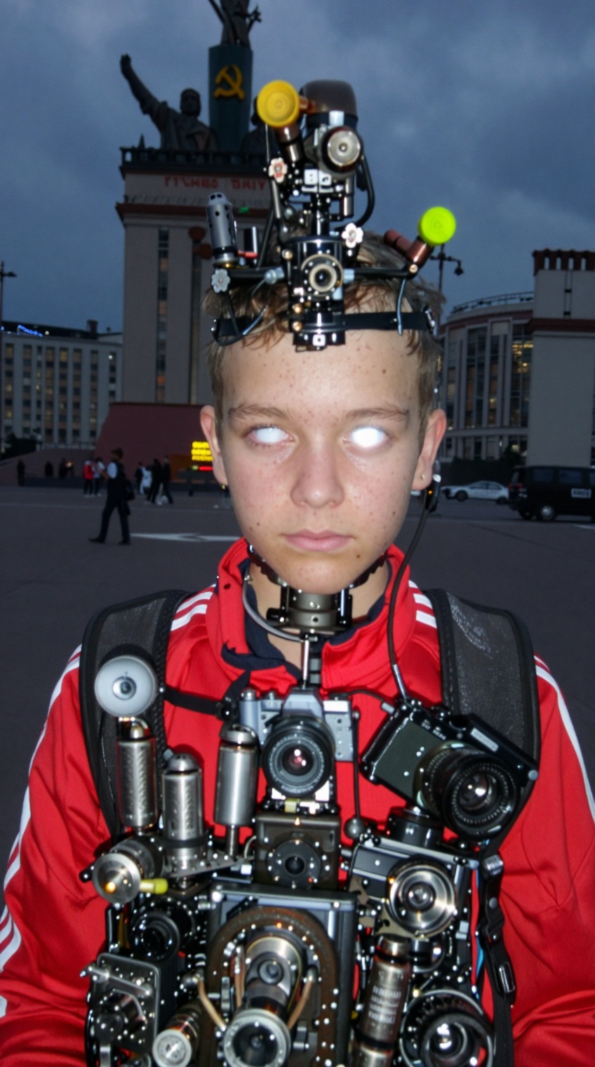 taken_by_ph0ne,  ******* smartphone shot with forced flash. A young **** with cybernetic modifications and stark white eye...