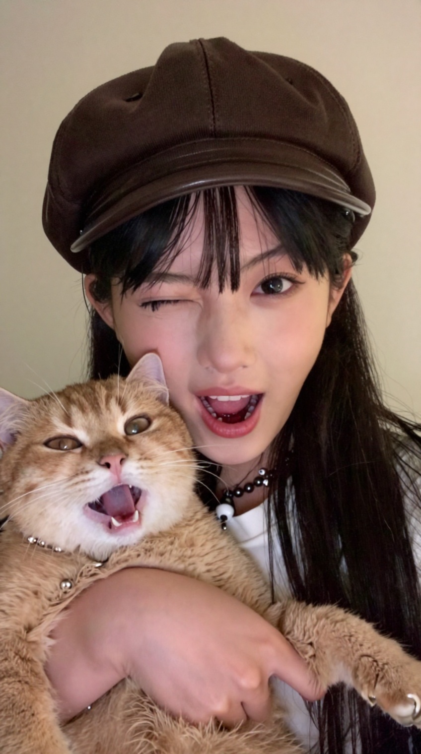 taken_by_ph0ne,  close-up selfie of a playful Asian young woman holding a chubby orange tabby cat. She wears a brown baker...
