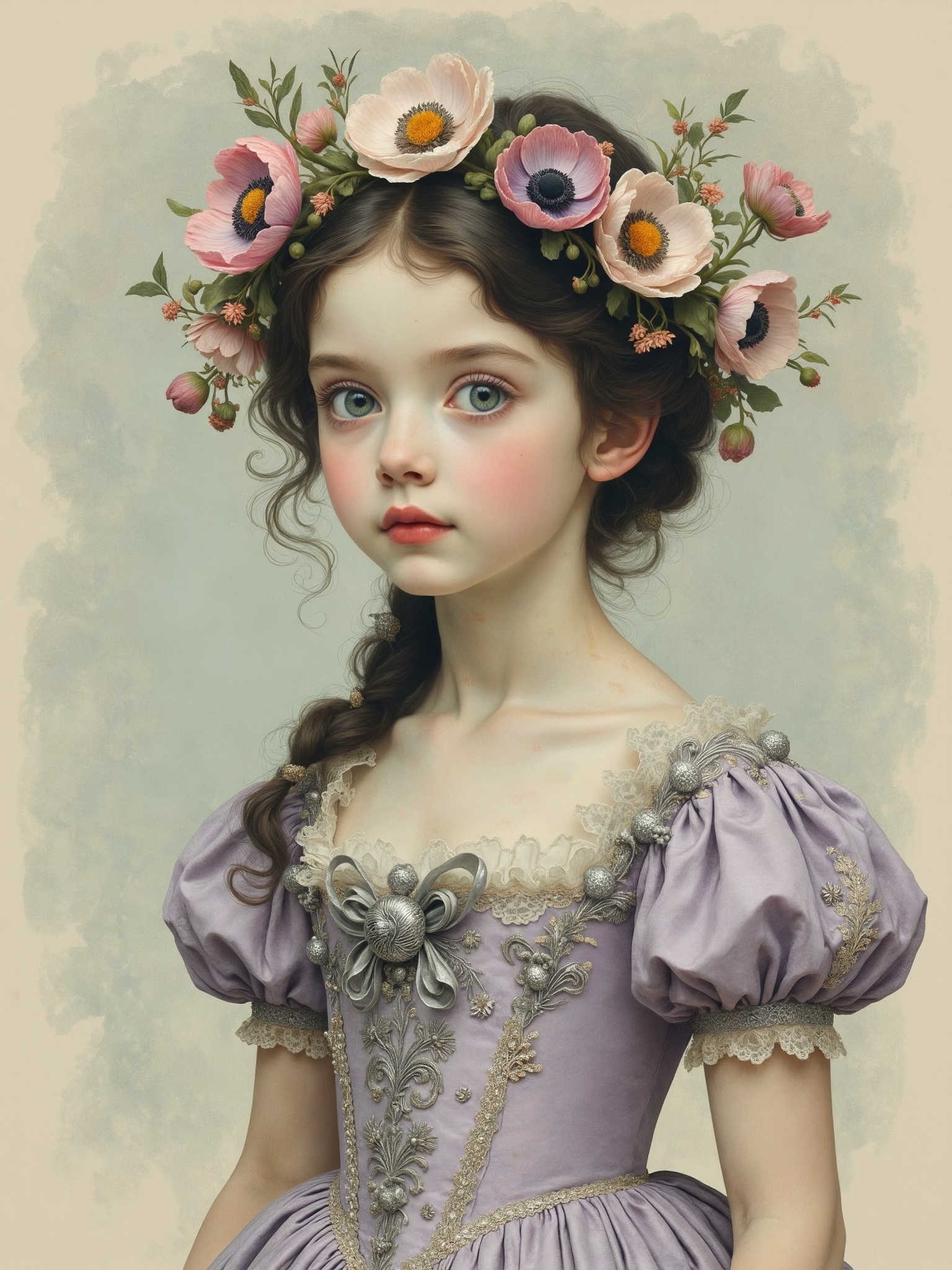 Pop surrealism portrait of a wide-eyed girl in a lavender Rococo gown,  floral crown of anemones,  porcelain skin on Tenso...