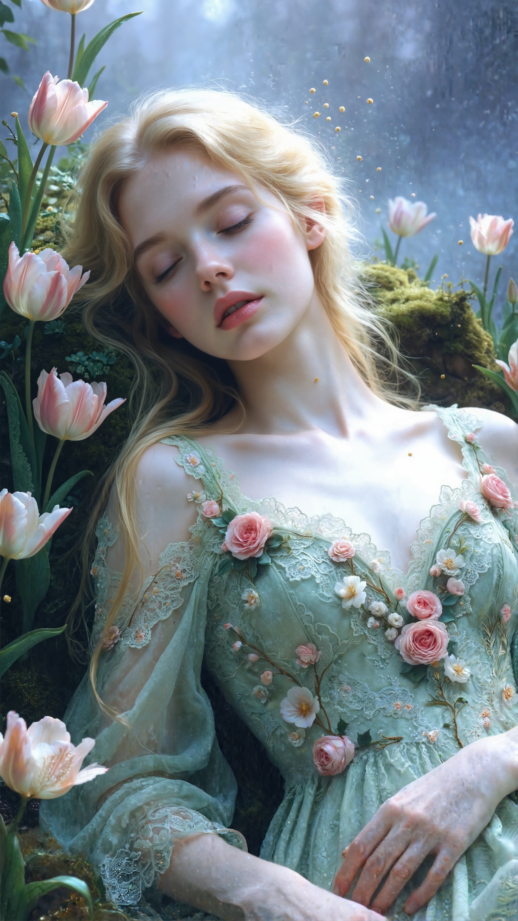 A serene ethereal figure lying peacefully among lush tulips and greenery,  with long flowing blonde hair illuminated by so...