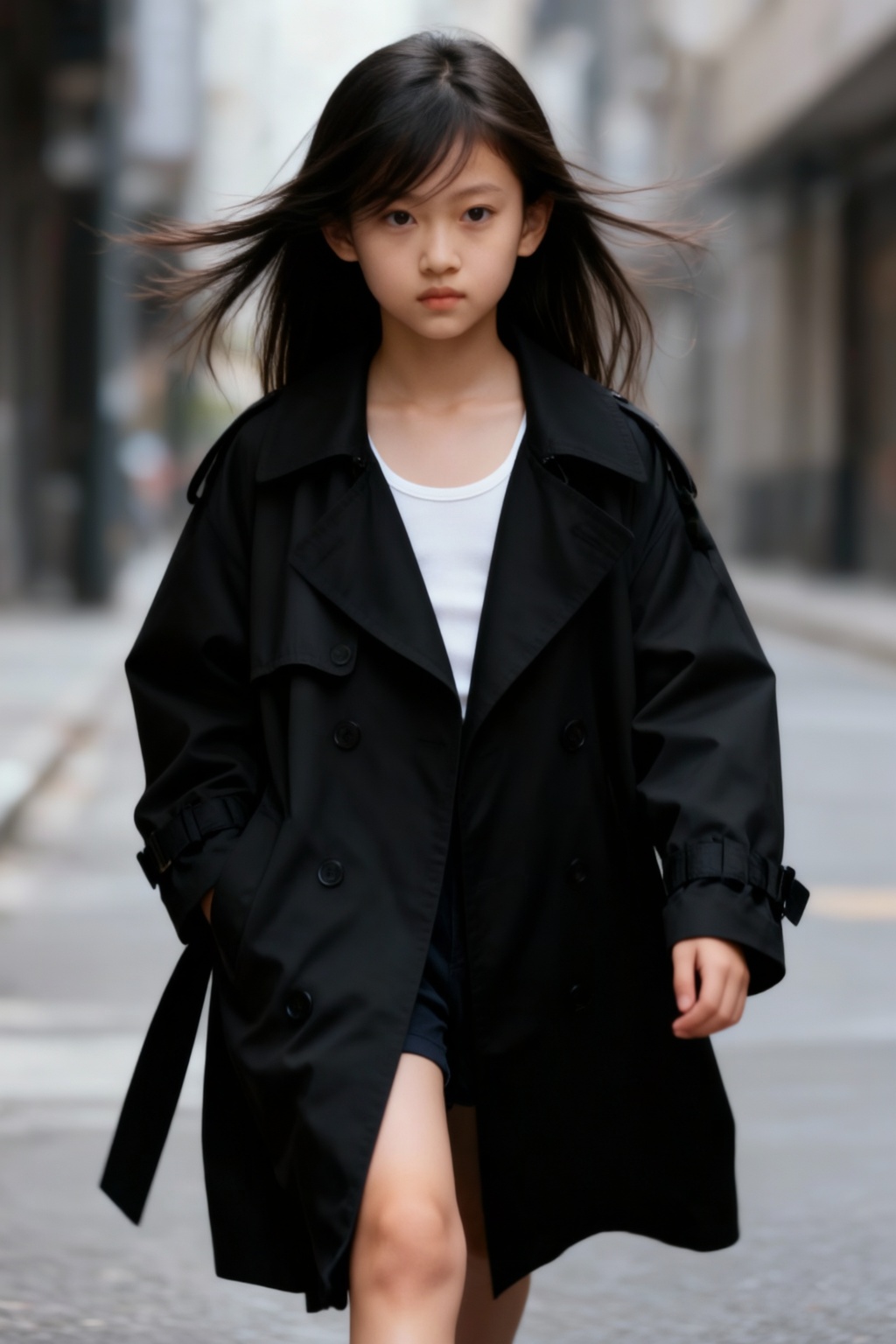 A young girl with long dark hair walks forward along a narrow urban street,  maintaining a steady and neutral expression a...