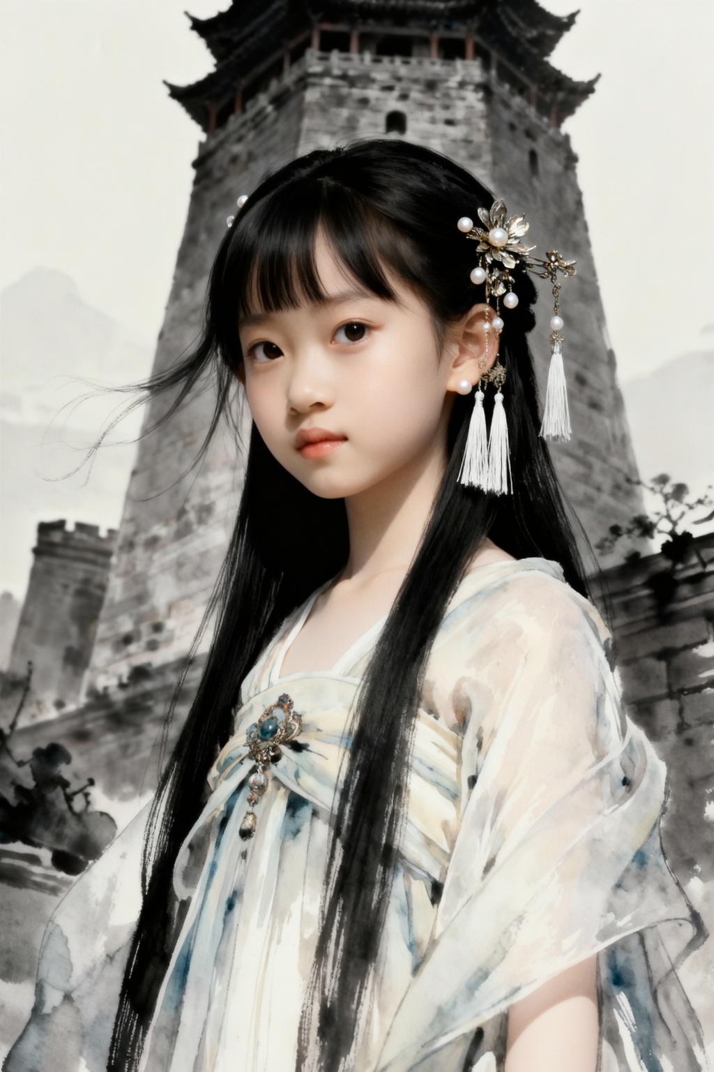 A young East Asian girl stands prominently in the foreground against the backdrop of a tall,  ancient stone tower. She has...