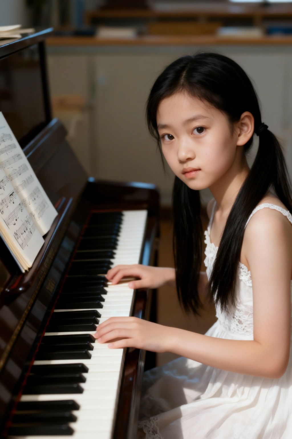 A young girl with long black hair tied into low pigtails sits at a dark upright piano,  her hands resting gently on the bl...