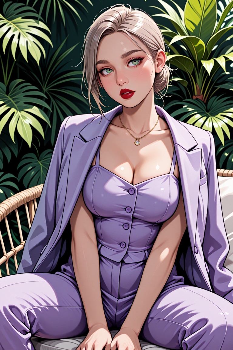 full-body portrait seated outdoors, young Russian woman early 20s, flawless porcelain skin with subtle blush, light ash-blonde hair pulled back loosely with wisps framing face, sharp defined eyebrows, emerald-green eyes gazing softly at camera, bold matte red lips, wearing tailored lavender pantsuit with button-front bodice and structured blazer, gold necklace with tiny diamond pendant, sitting on woven chair beside white cushion against lush green tropical foliage background, bright natural daylight casting gentle highlights on collarbone and shoulders, Canon EOS R6 Mark II, 50mm f/1.8, ultra-high-resolution, photorealistic skin texture, fabric drape sharp, chic fashion editorial vibe, subject fills frame