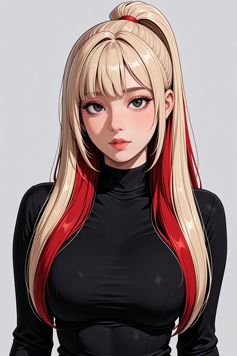 medium shot from chest up, young East Asian woman early 20s, porcelain fair skin with soft rosy cheeks, long straight platinum-blonde hair styled in high ponytail with blunt bangs, vibrant red hair extensions framing face symmetrically, piercing dark brown eyes looking directly at camera with calm neutral expression, wearing fitted black turtleneck top with long sleeves, standing against plain light gray studio background, even softbox lighting minimizing shadows, Canon EOS R5, 85mm f/1.4 lens, ultra-high-resolution, photorealistic skin texture with visible pores and fine hairs, fabric detail sharp, modern K-pop aesthetic, subject centered and dominant in frame