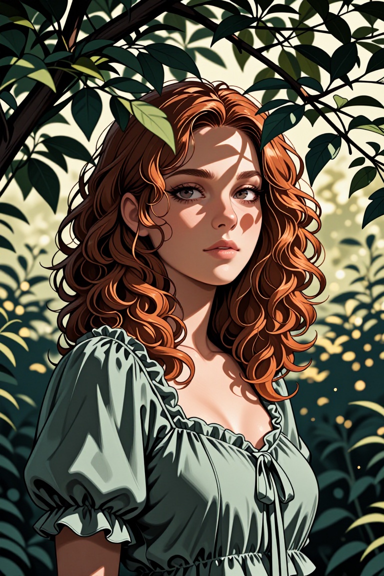 A young woman with curly auburn hair peeks through a canopy of green leaves and thin branches. Sunlight filters through, casting dappled patterns across her face and bare shoulders. She wears a loose sage-green blouse with puffed sleeves and delicate ruffles. Her gaze is direct and serene, eyes clear and calm. Background is deeply blurred forest foliage — soft bokeh of light green, olive, and cream. Lighting is natural golden-hour: warm highlights on skin and fabric, cool shadows in leaf gaps. No jewelry, no makeup — pure organic realism. Mood: peaceful, earthy, timeless.