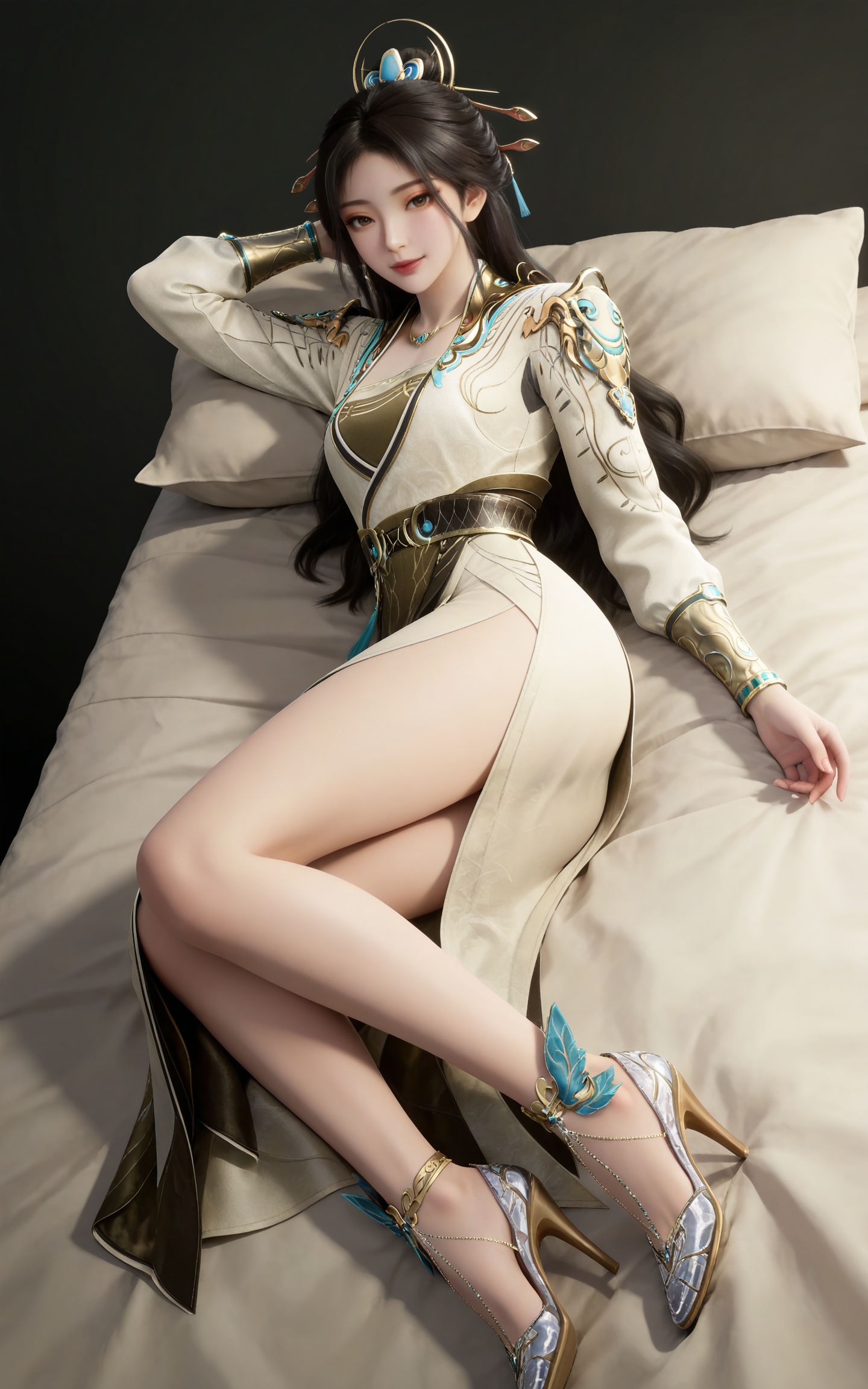 masterpiece,high quality,tall,game cg,highres,(soft light:1.2),(white_skin:0.6),(shiny_skin:0.6),(realistic:1.1),
black hair,long hair,brown eyes,hair_ornament,hair_bun,necklace,raoxi white and gold dress,long_sleeves,1girl,solo,jewelry,high_heels,
black_background,simple background,outdoor,looking at viewer,lying,bed,