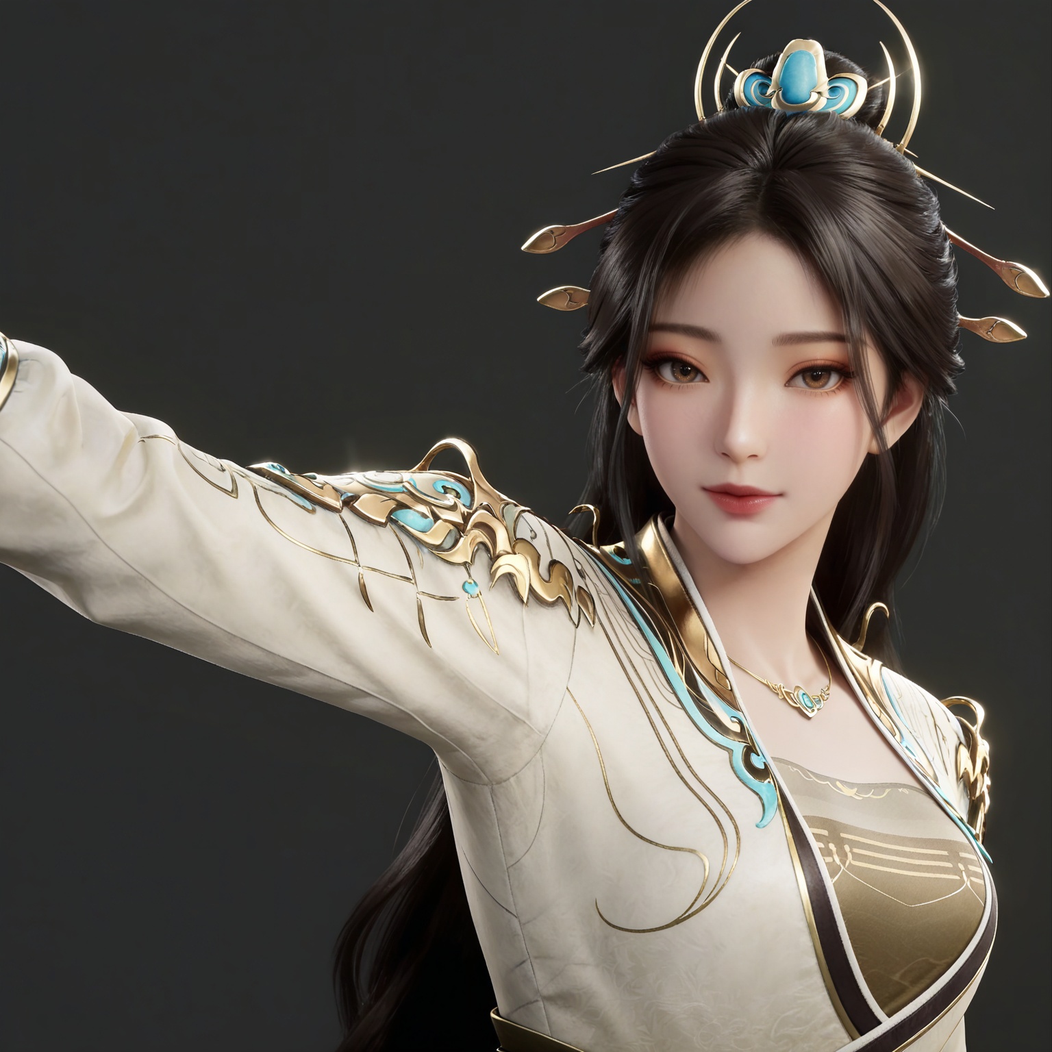 masterpiece,high quality,tall,game cg,highres,(soft light:1.2),(white_skin:0.6),(shiny_skin:0.6),(realistic:1.1),
black hair,long hair,brown eyes,hair_ornament,hair_bun,necklace,raoxi white and gold dress,long_sleeves,1girl,solo,jewelry,
black_background,simple background,outdoor,looking at viewer,upper body,from side,
