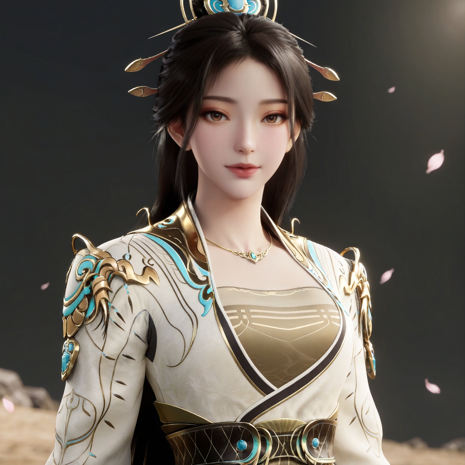 masterpiece,high quality,tall,game cg,highres,(soft light:1.2),(white_skin:0.6),(shiny_skin:0.6),(realistic:1.1),
black hair,long hair,brown eyes,hair_ornament,hair_bun,necklace,raoxi white and gold dress,long_sleeves,1girl,solo,jewelry,
black_background,simple background,outdoor,looking at viewer,upper body,
