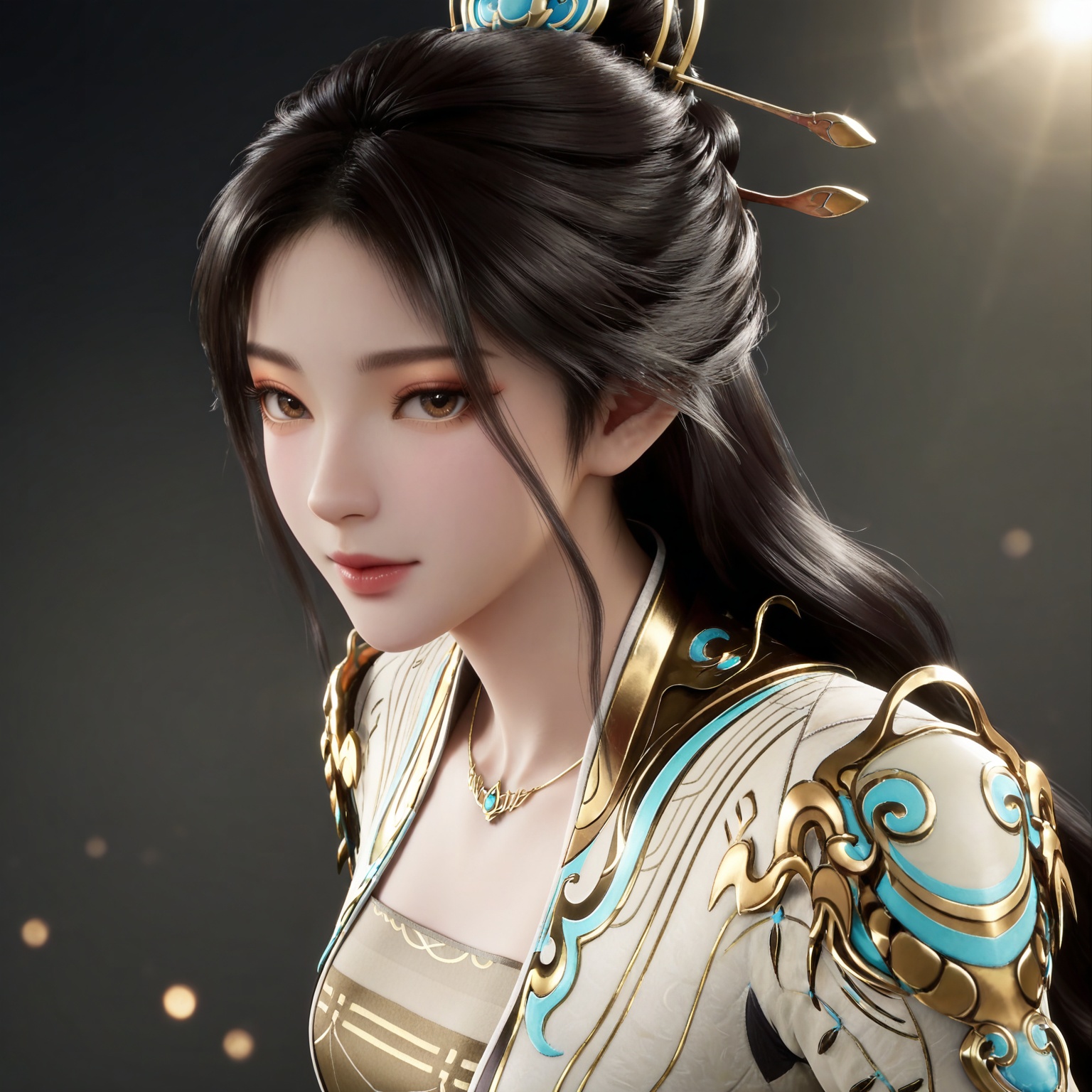 masterpiece,high quality,tall,game cg,highres,(soft light:1.2),(white_skin:0.6),(shiny_skin:0.6),(realistic:1.1),
black hair,long hair,brown eyes,hair_ornament,hair_bun,necklace,raoxi white and gold dress,long_sleeves,1girl,solo,jewelry,
black_background,simple background,outdoor,looking at viewer,upper body,from side,
